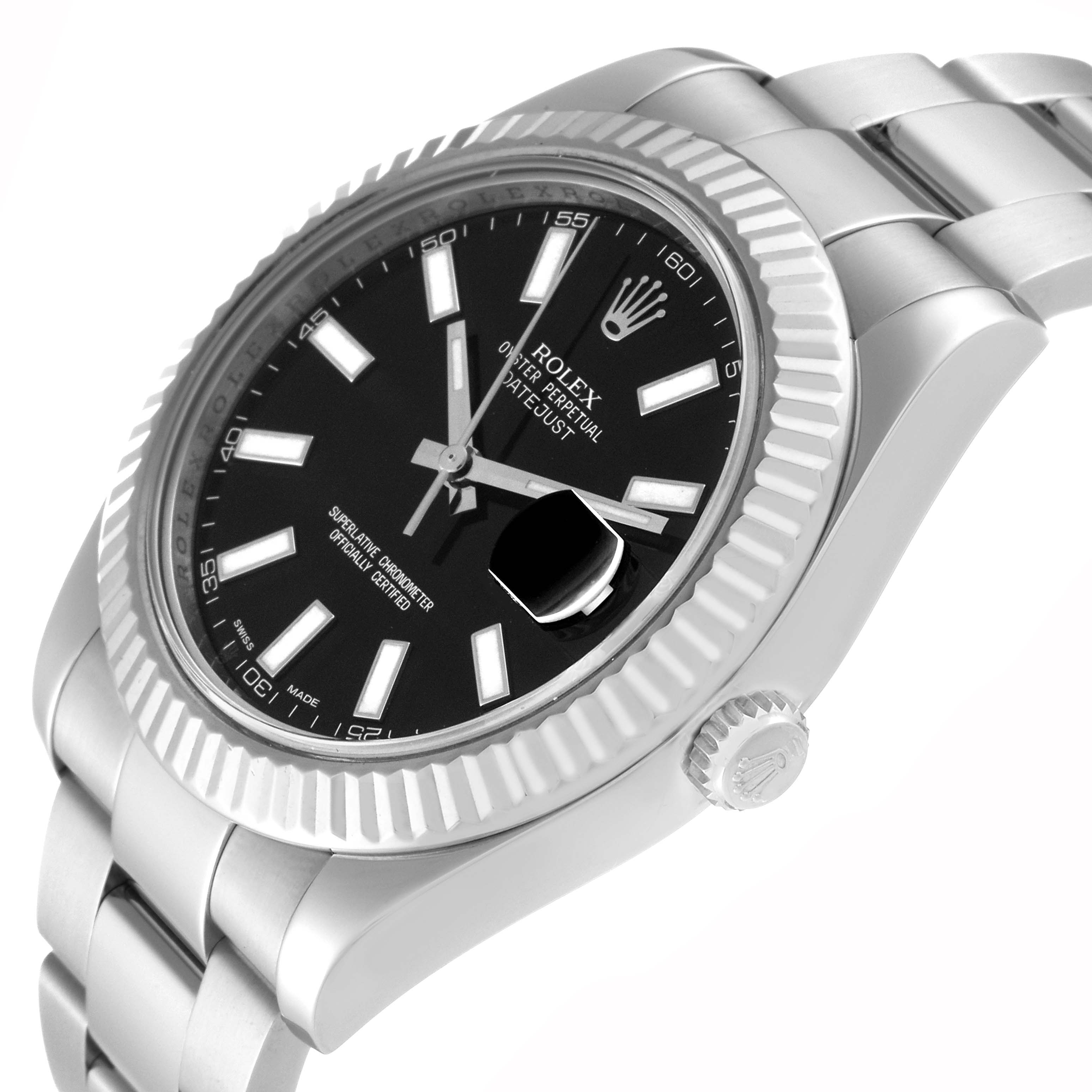 The Rolex Datejust 41 116334 Men
s Stainless Steel Black Dial 116334 Men
s Stainless Steel Black Dial watch is shown at an angled close-up, highlighting the dial, bezel, crown, and bracelet.
