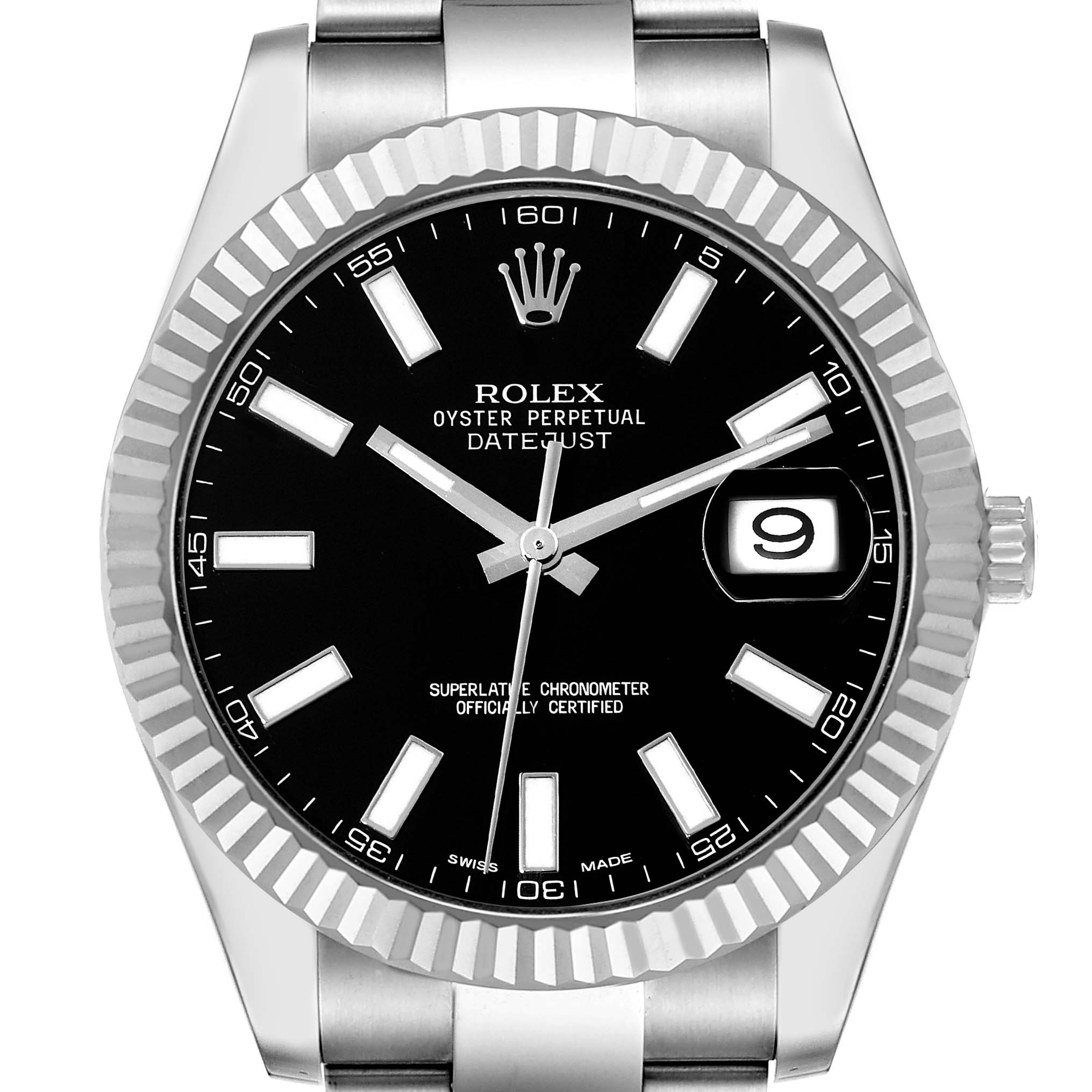 The image shows a face-on view of the Rolex Datejust 41 116334 Men
s Stainless Steel Black Dial 116334 Men
s Stainless Steel Black Dial watch, highlighting its dial, hands, date display, and bezel.