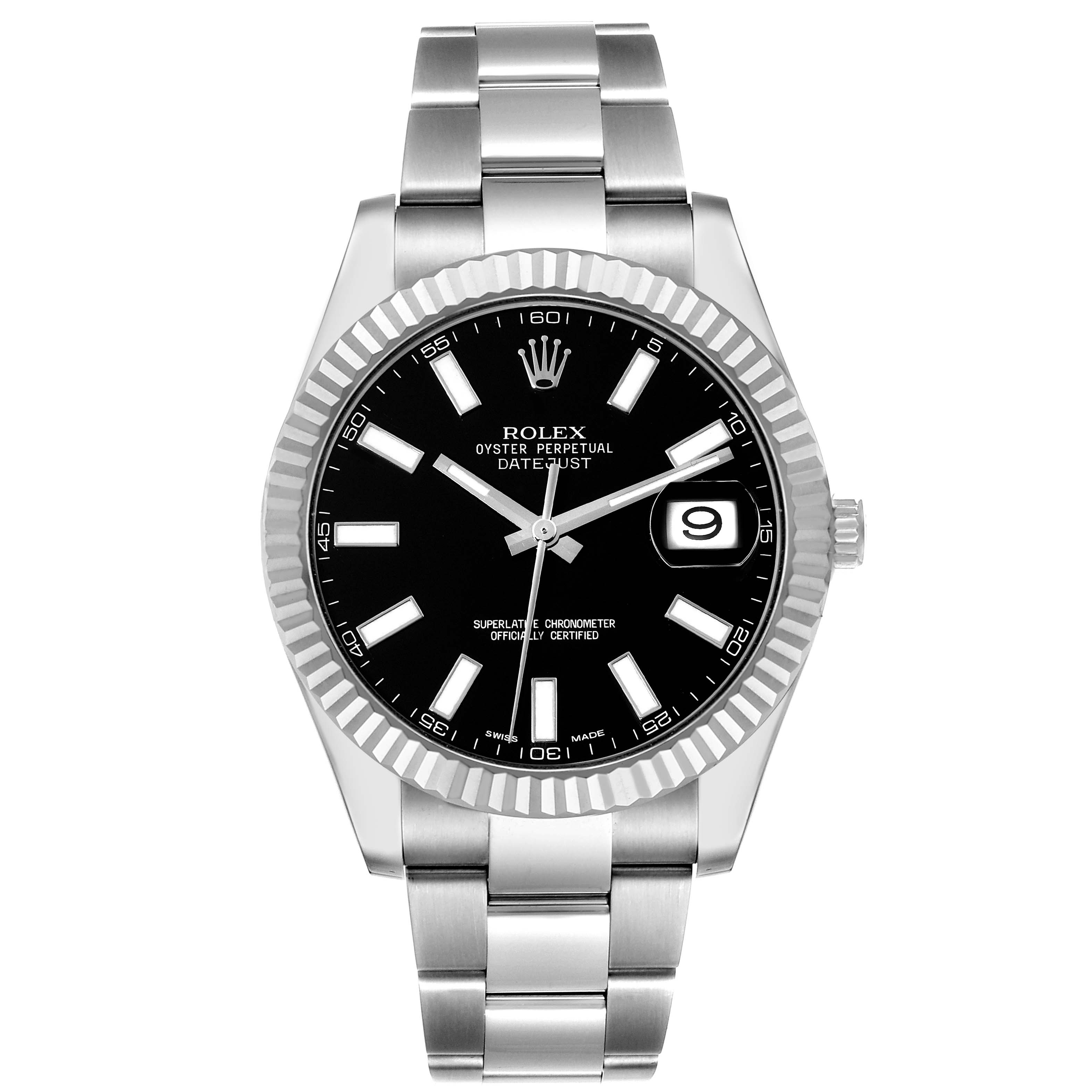 This image shows a front view of the Rolex Datejust 41 116334 Men
s Stainless Steel Black Dial 116334 Men
s Stainless Steel Black Dial watch, displaying its black dial, fluted bezel, and stainless steel band.