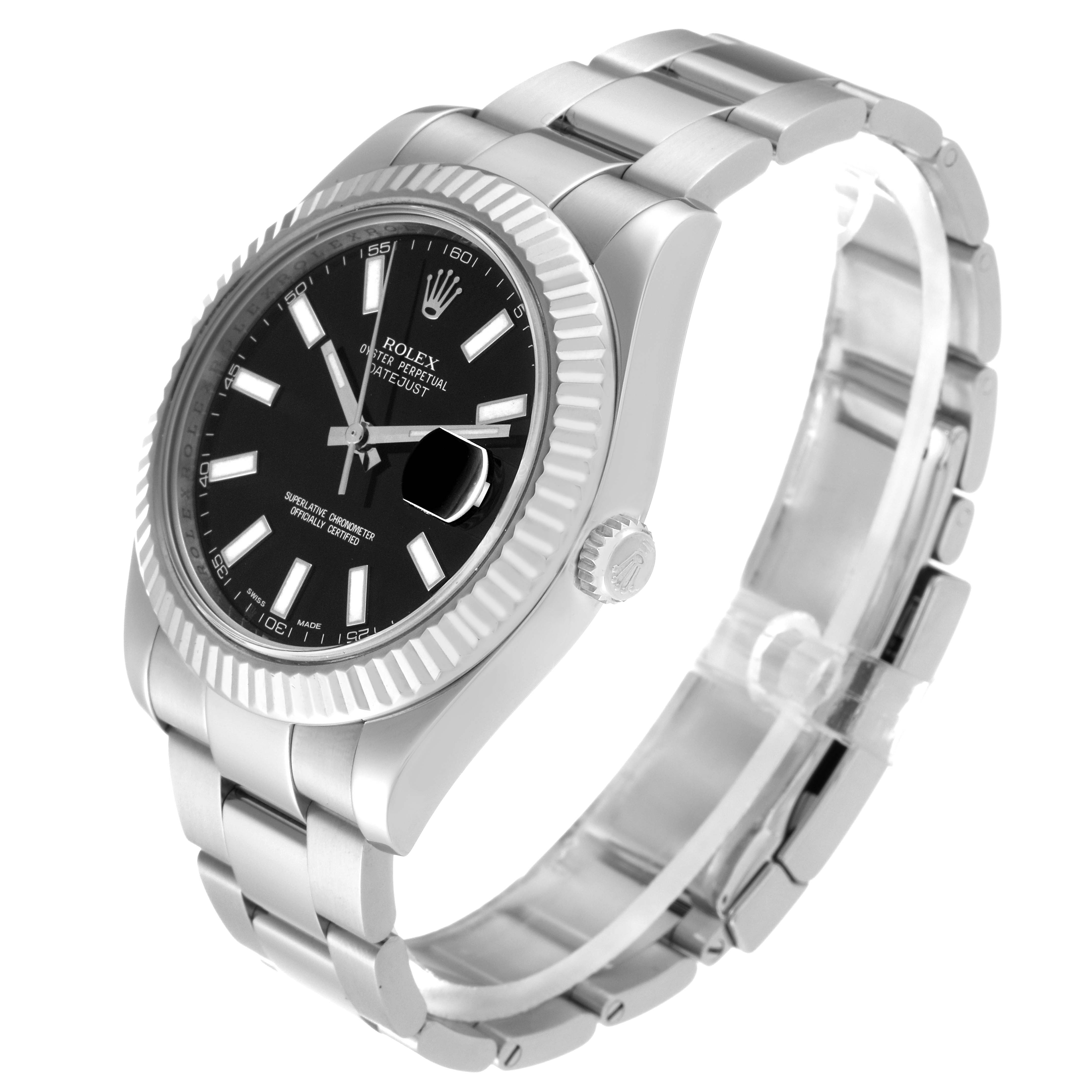 This image shows a Rolex Datejust 41 116334 Men
s Stainless Steel Black Dial 116334 Men
s Stainless Steel Black Dial watch from a three-quarter angle, highlighting its face, bezel, and bracelet.