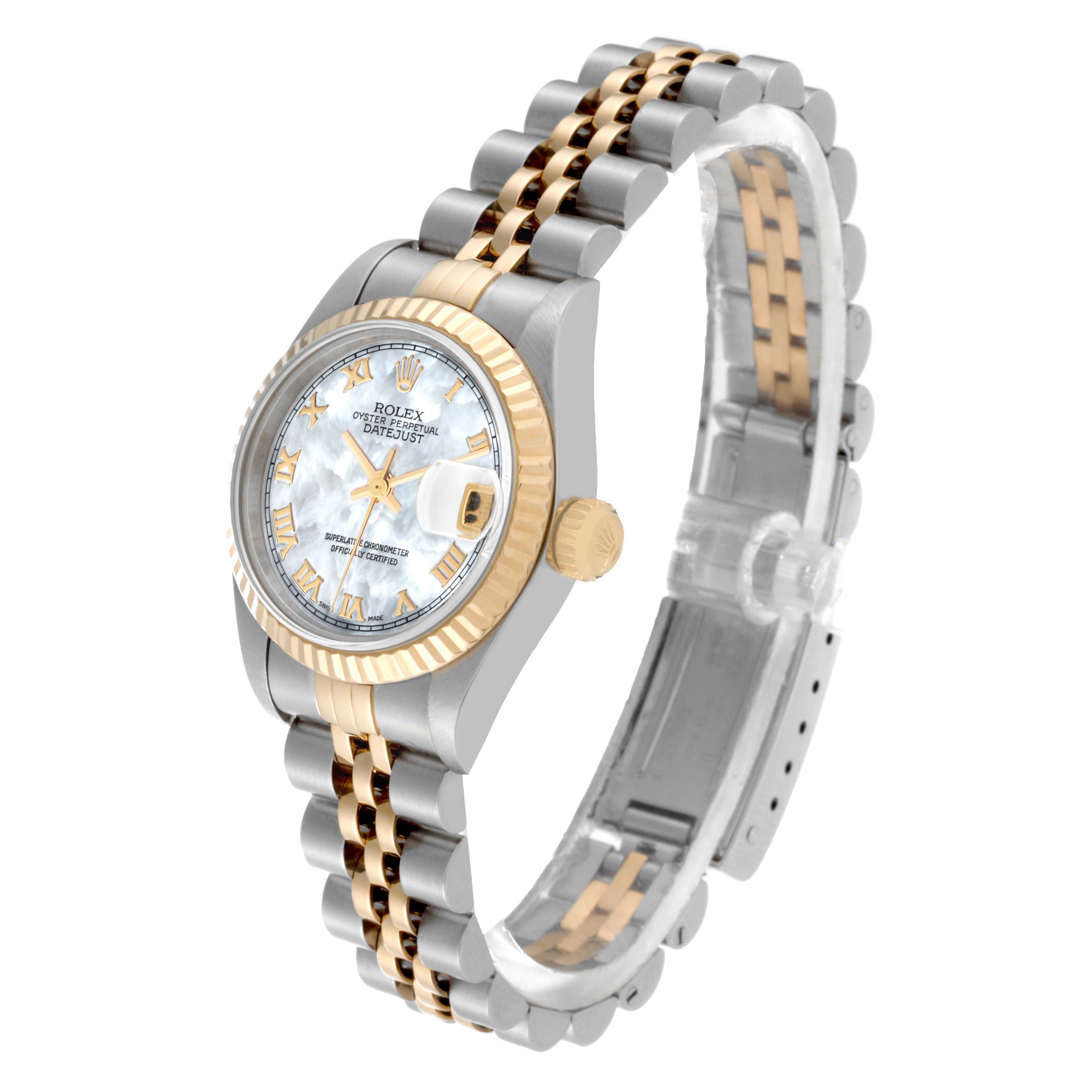 This Rolex Datejust 69173 Women's Steel and Gold (two tone) Mother of Pearl Dial 69173 Women's Steel and Gold (two tone) Mother of Pearl Dial watch is shown at a slight angle, highlighting the face, bezel, and bracelet.
