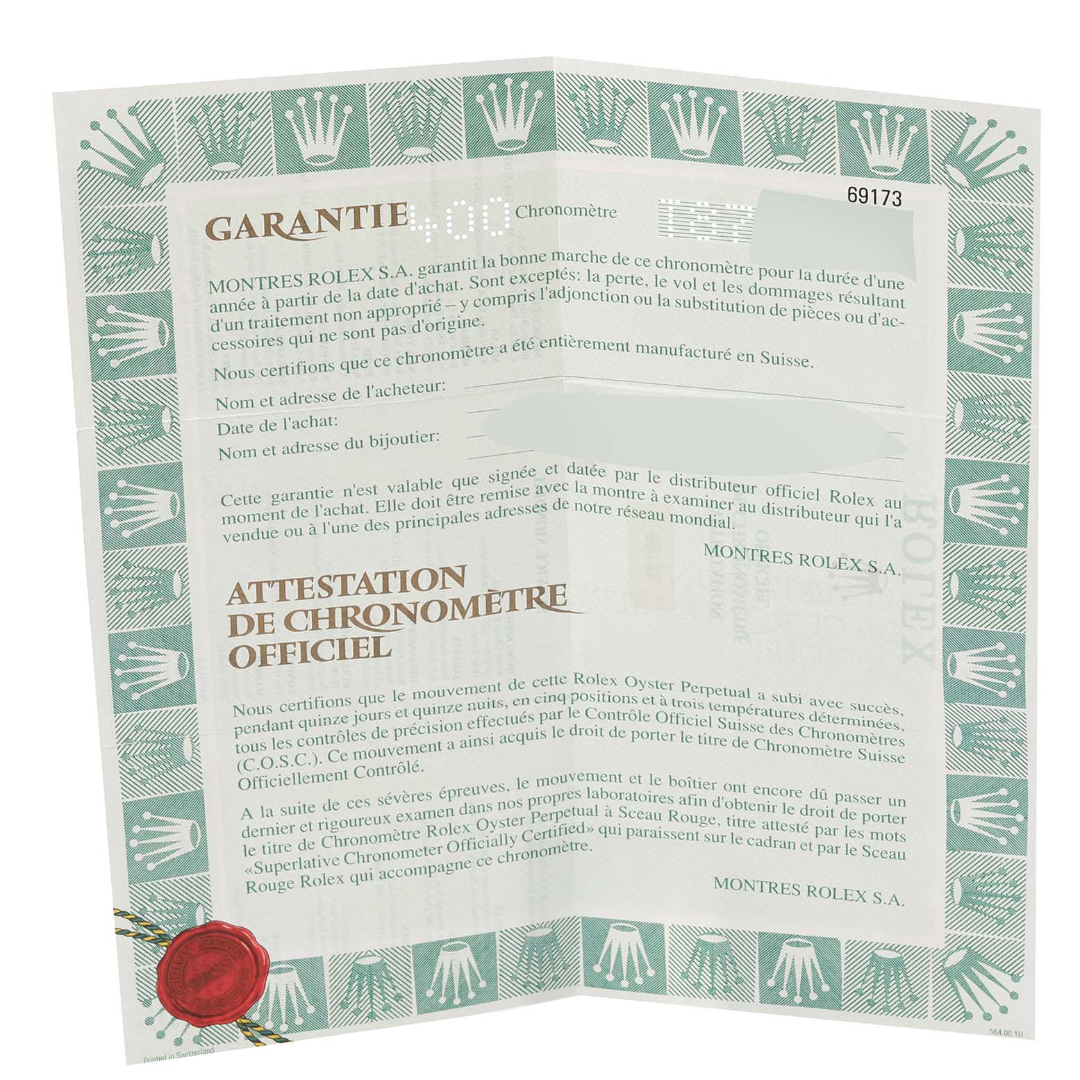 The image shows a warranty and chronometer certificate for the Rolex Datejust 69173 Women's Steel and Gold (two tone) Mother of Pearl Dial 69173 Women's Steel and Gold (two tone) Mother of Pearl Dial model.