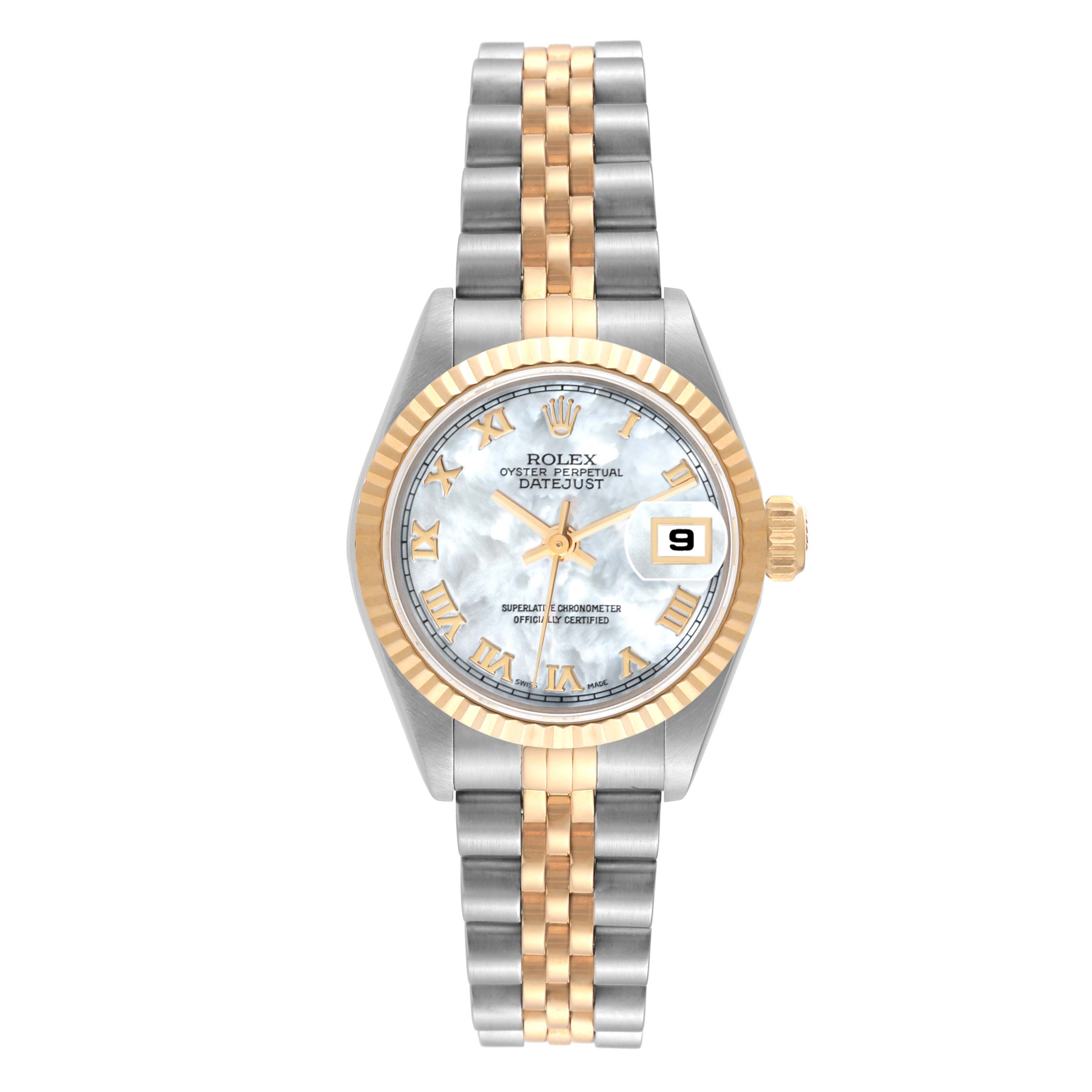 The image shows a Rolex Datejust 69173 Women's Steel and Gold (two tone) Mother of Pearl Dial 69173 Women's Steel and Gold (two tone) Mother of Pearl Dial watch from the front, highlighting its face, bezel, crown, and bracelet.