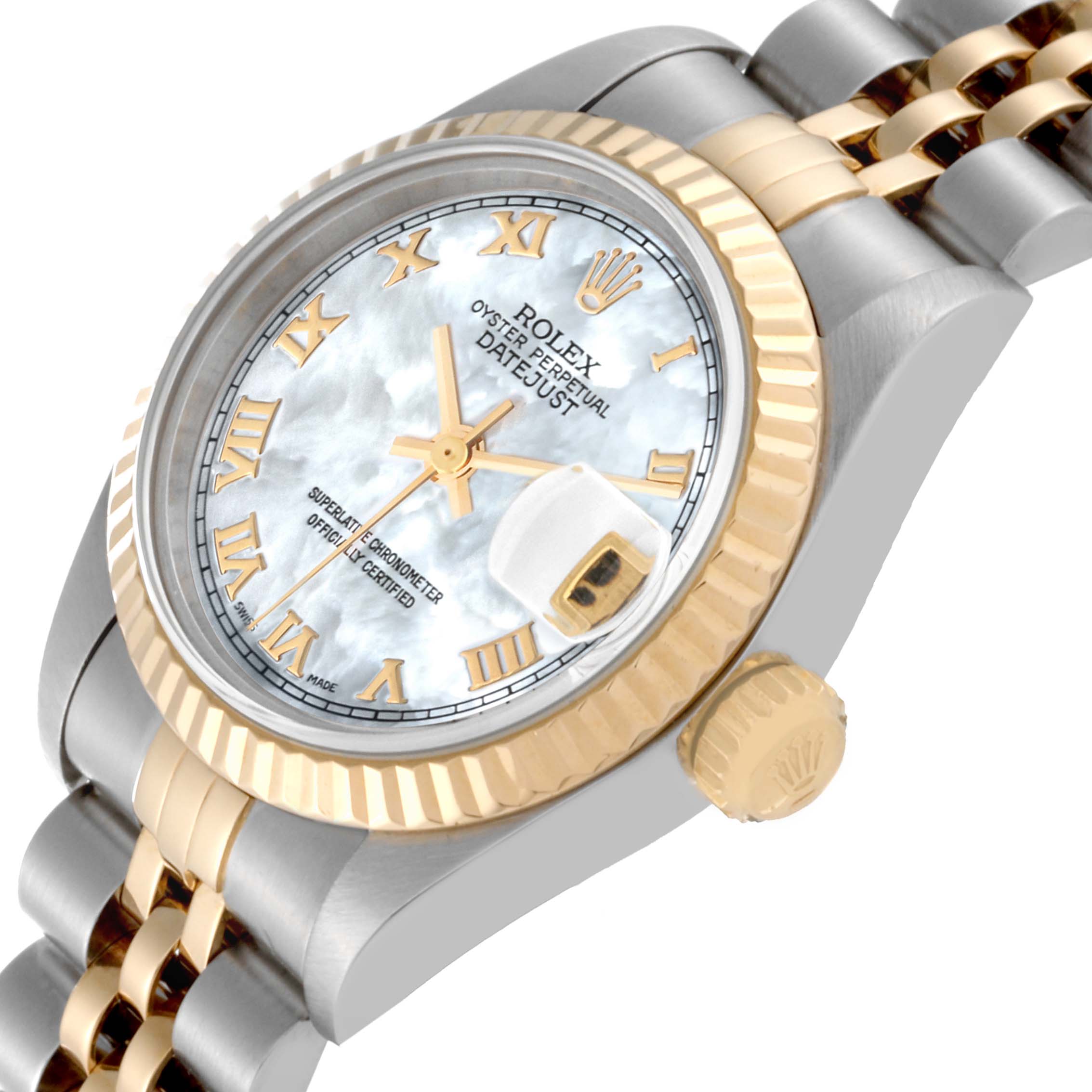 This image shows a side angle of a Rolex Datejust 69173 Women's Steel and Gold (two tone) Mother of Pearl Dial 69173 Women's Steel and Gold (two tone) Mother of Pearl Dial watch, highlighting its face, bezel, crown, and part of the bracelet.