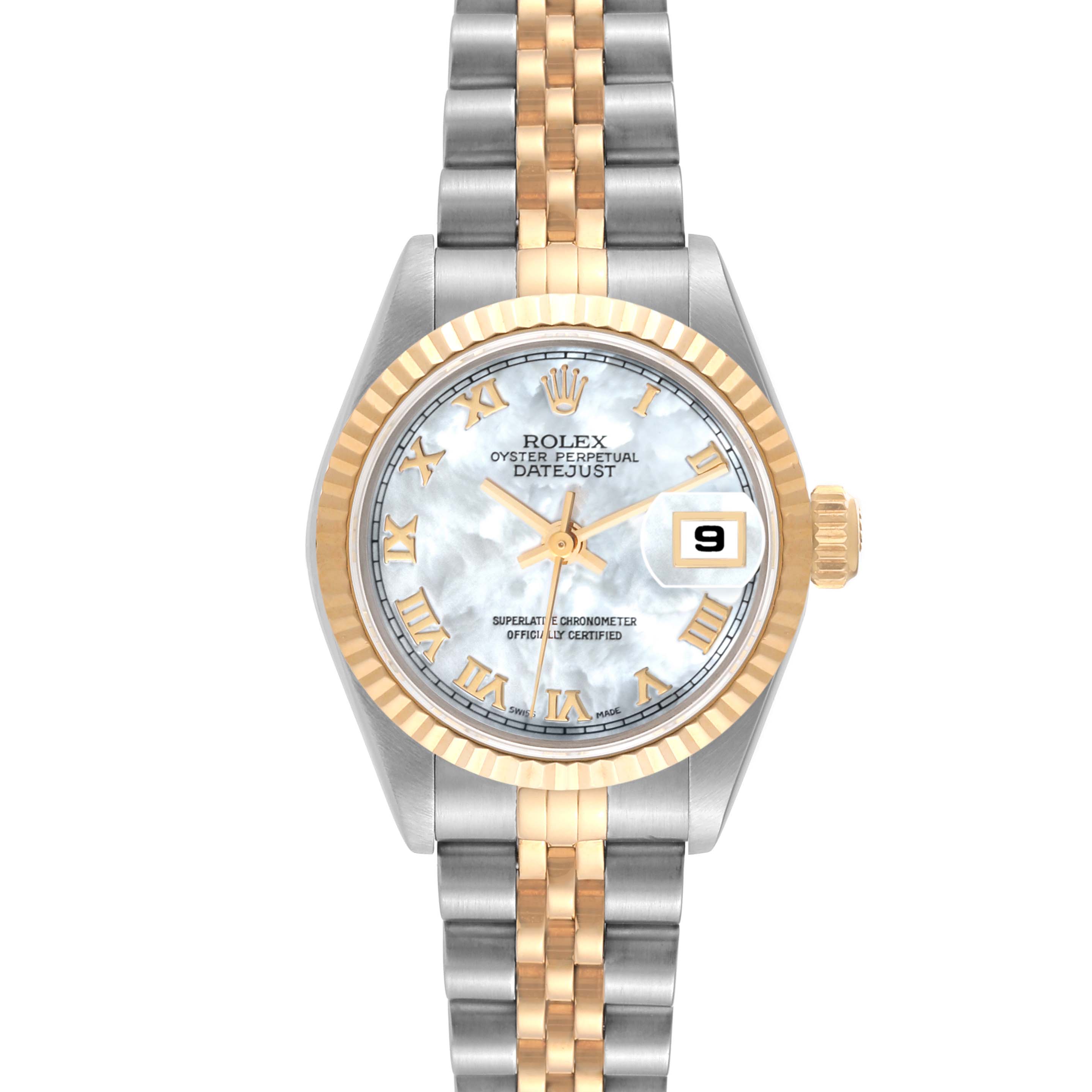 The image shows a front view of a Rolex Datejust 69173 Women's Steel and Gold (two tone) Mother of Pearl Dial 69173 Women's Steel and Gold (two tone) Mother of Pearl Dial watch, highlighting its dial, bezel, and two-tone bracelet.