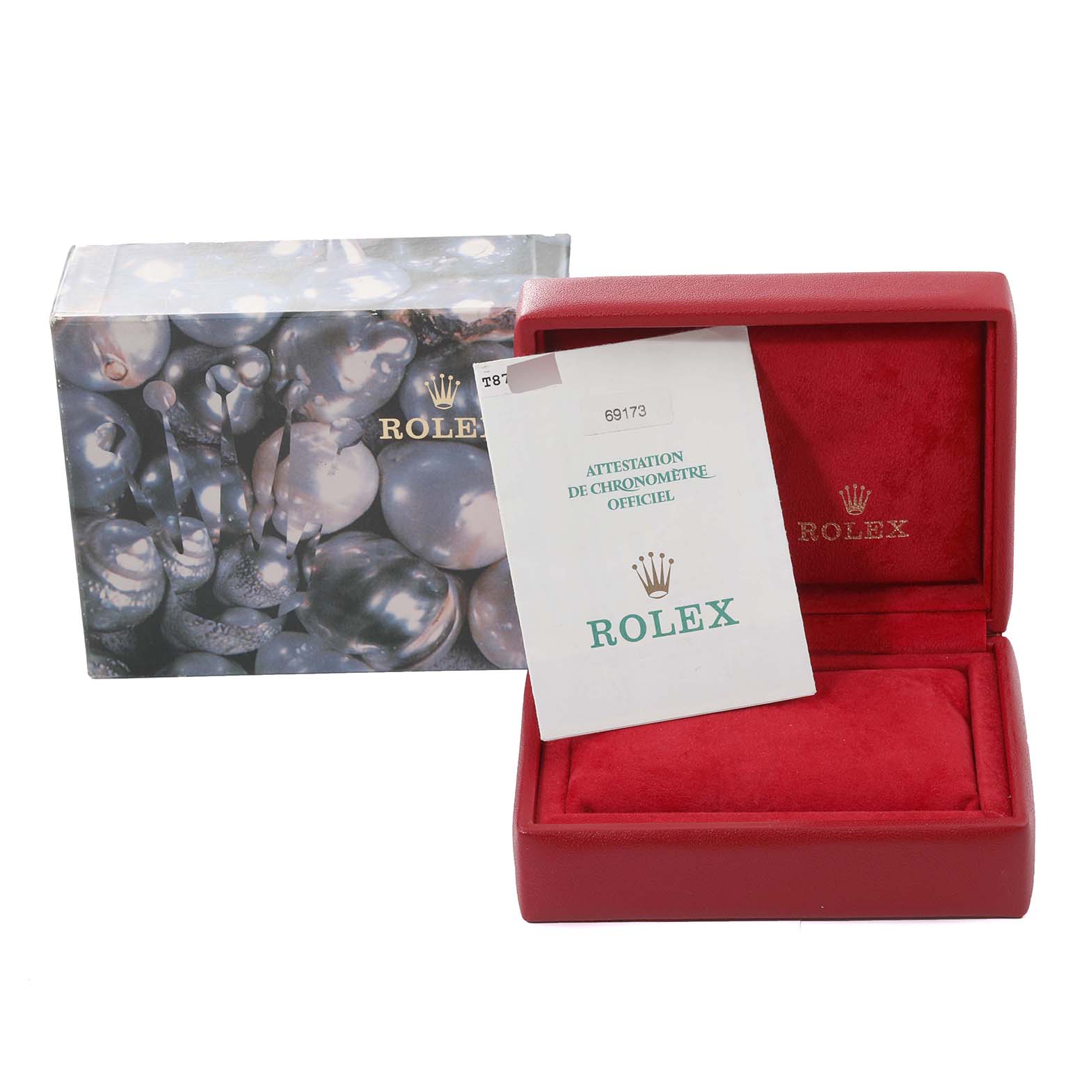 The image shows a Rolex Datejust 69173 Women's Steel and Gold (two tone) Mother of Pearl Dial 69173 Women's Steel and Gold (two tone) Mother of Pearl Dial watch box and certification booklet, both positioned at an angle for display.