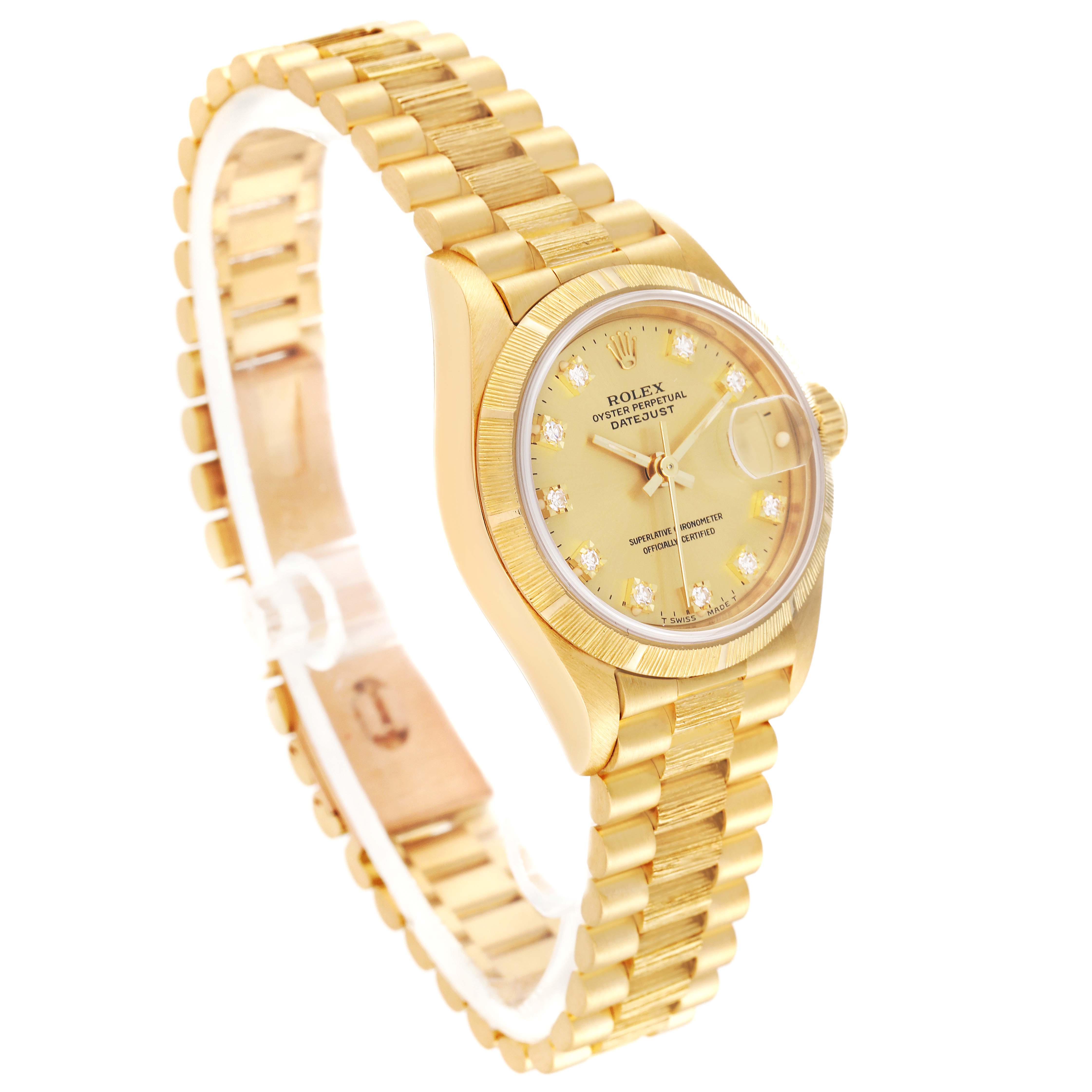 The image shows a Rolex President 69278 Women
s Yellow Gold Champagne Dial 69278 Women
s Yellow Gold Champagne Dial model watch at an angled front view, displaying the watch face, band, and links.