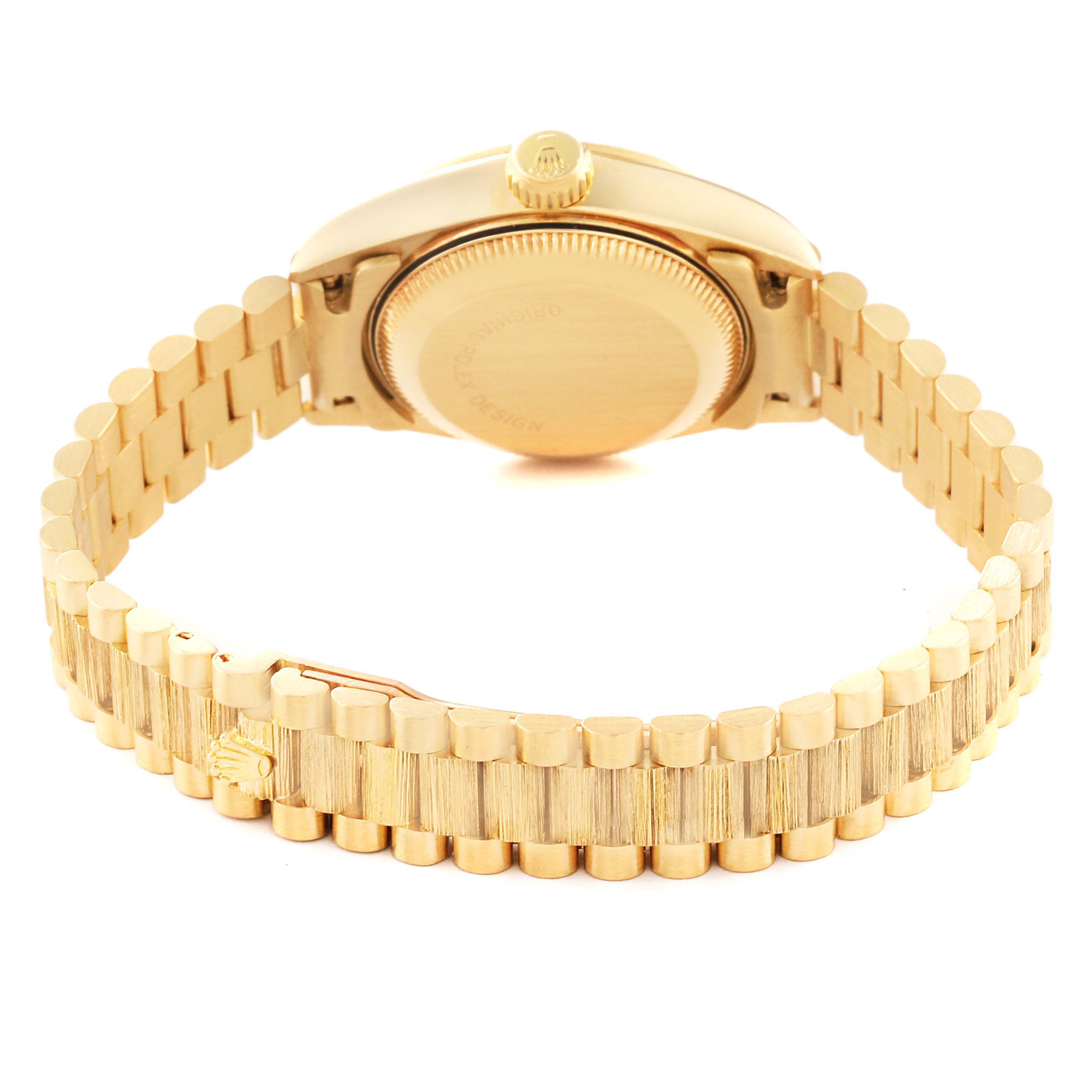 The image shows the back view of a Rolex President 69278 Women
s Yellow Gold Champagne Dial 69278 Women
s Yellow Gold Champagne Dial watch, featuring the case back and the President bracelet in gold.