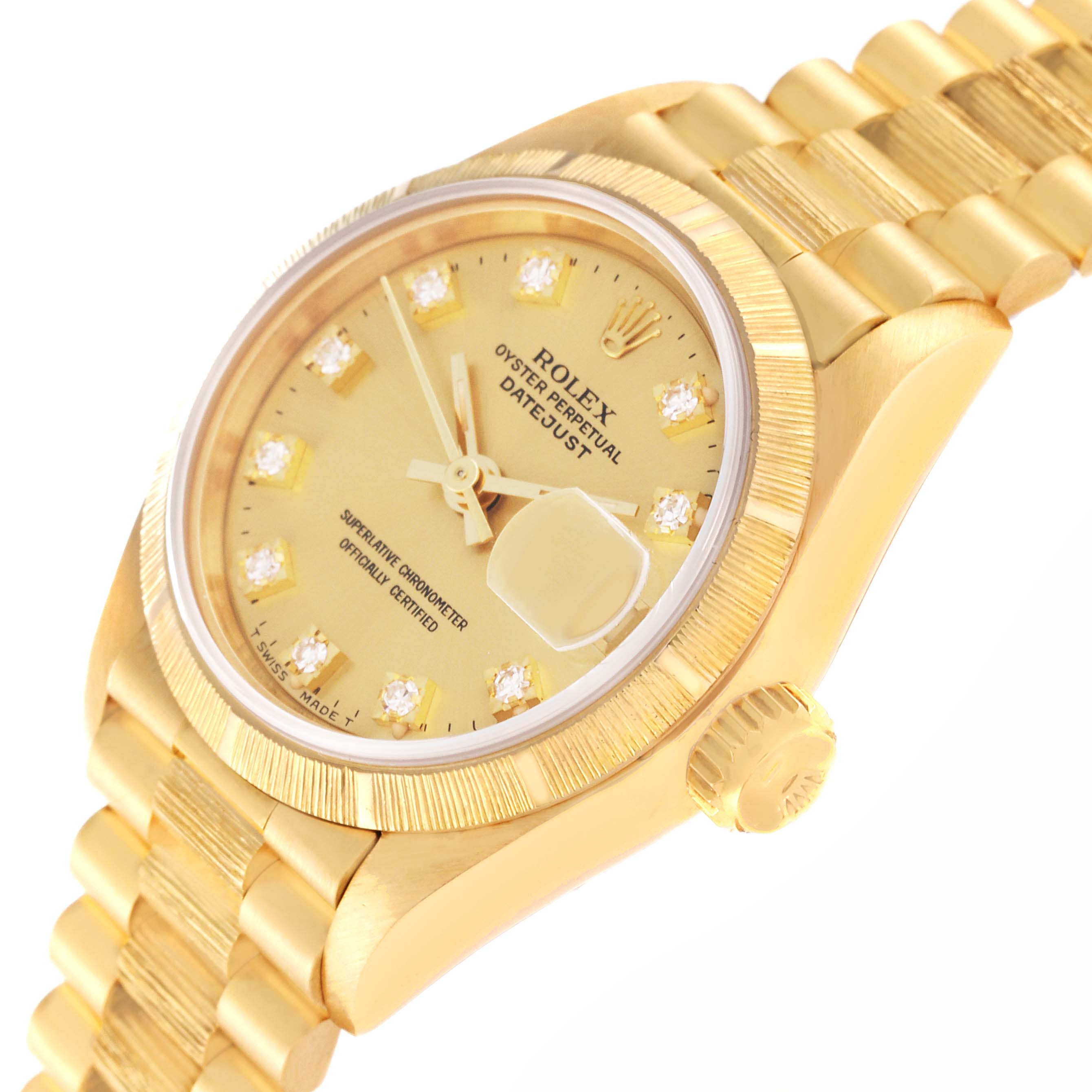 The image shows a close-up of the Rolex President 69278 Women
s Yellow Gold Champagne Dial 69278 Women
s Yellow Gold Champagne Dial model watch, highlighting its dial, bezel, crown, and part of the bracelet.