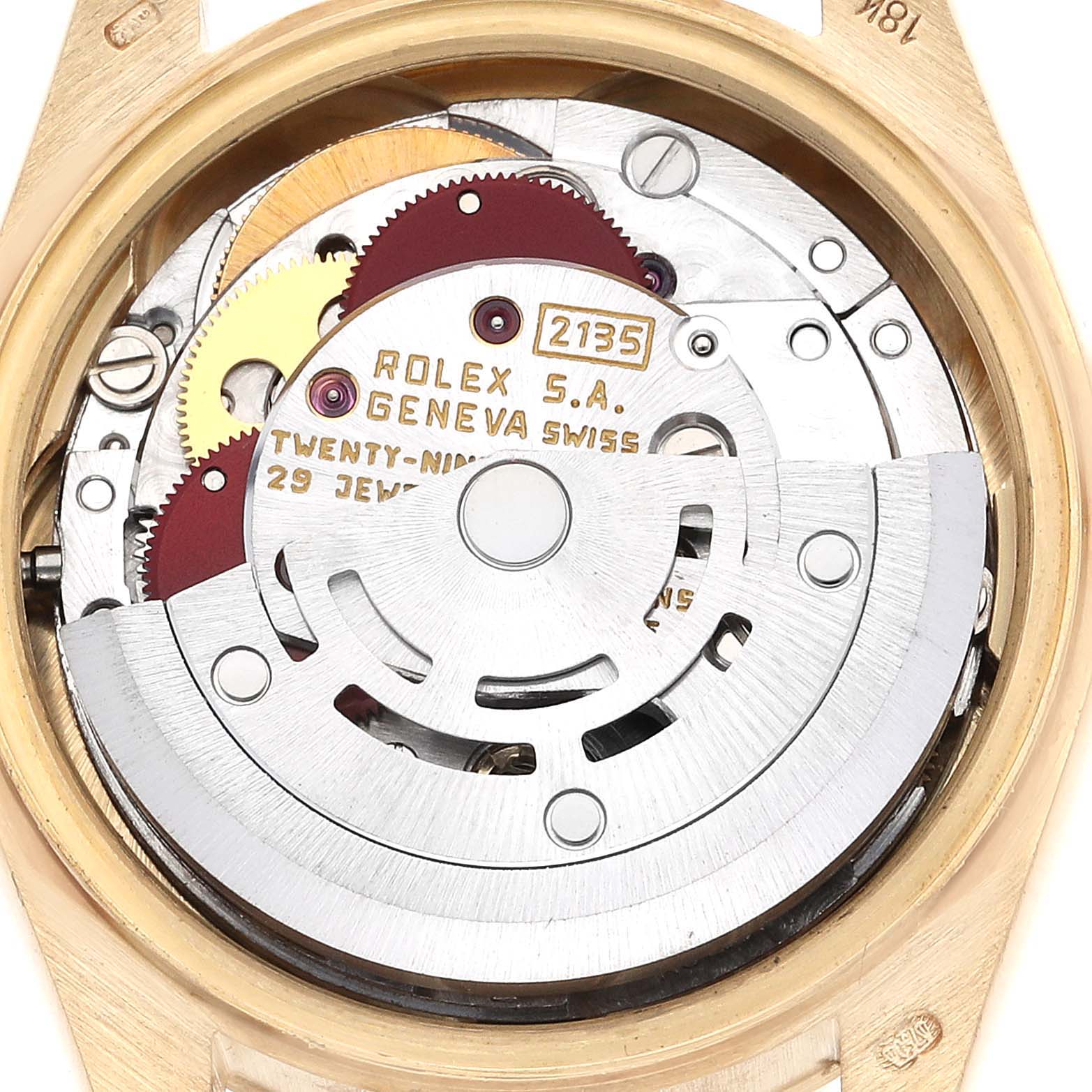 The image shows the inner mechanism of the Rolex President 69278 Women
s Yellow Gold Champagne Dial 69278 Women
s Yellow Gold Champagne Dial model, focusing on its intricate movement components.