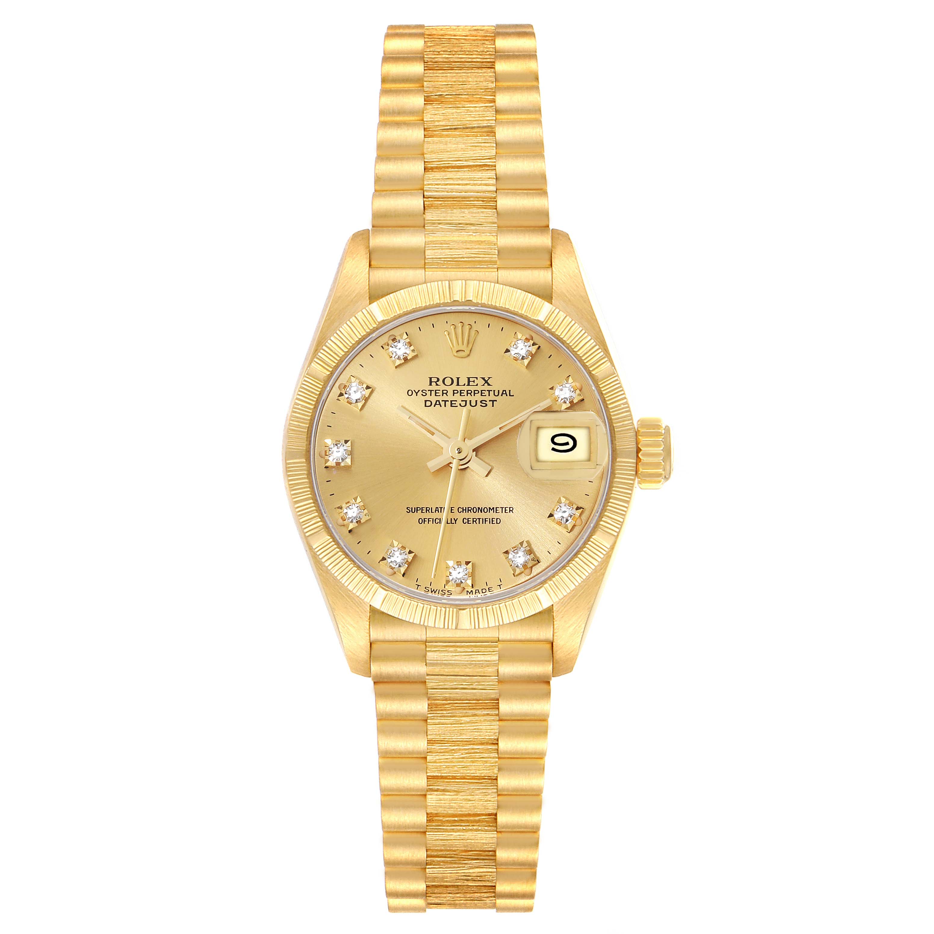 The Rolex President 69278 Women
s Yellow Gold Champagne Dial 69278 Women
s Yellow Gold Champagne Dial model is shown from a top-down angle, displaying the gold case, dial, bezel, and bracelet.