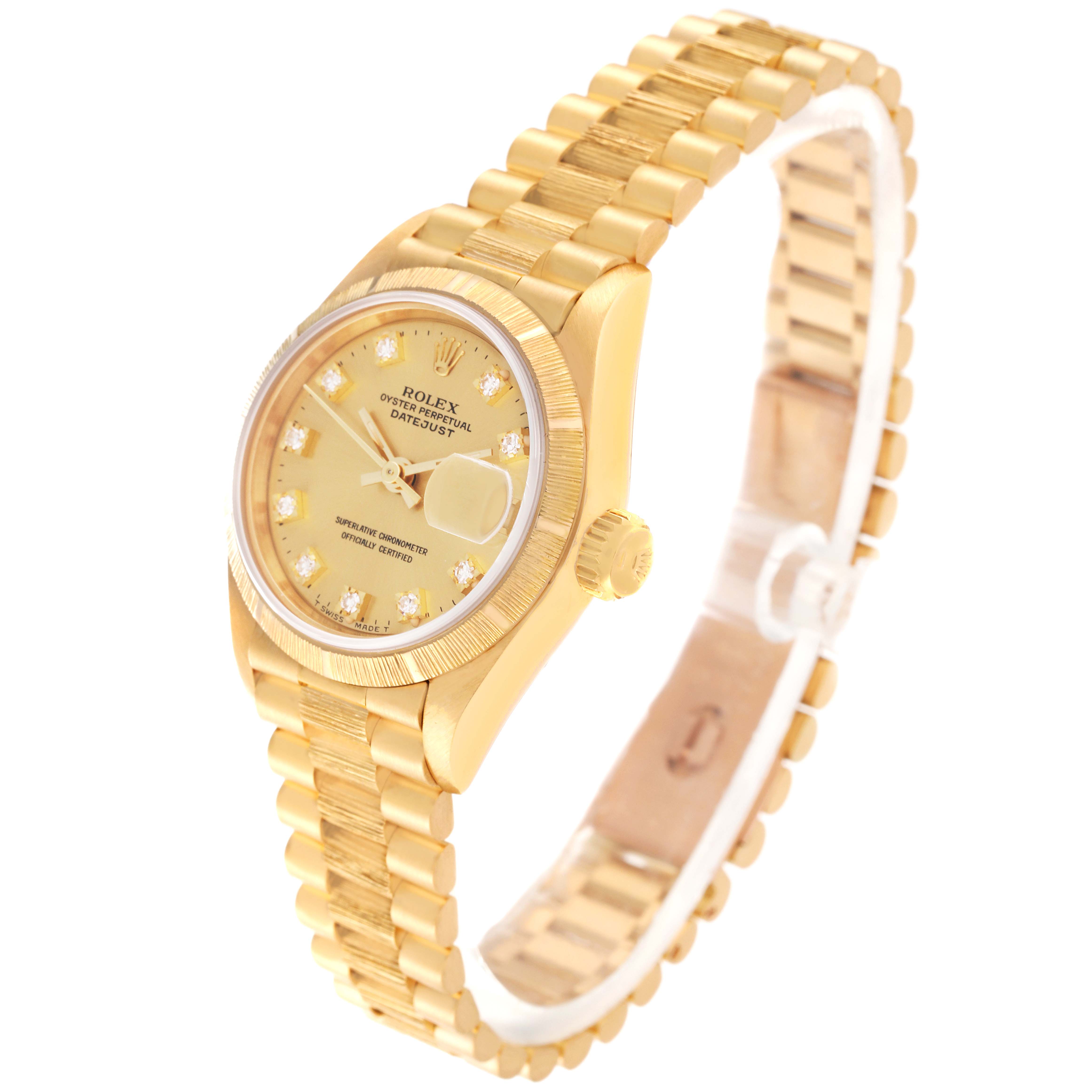 The image shows a side angle of a Rolex President 69278 Women
s Yellow Gold Champagne Dial 69278 Women
s Yellow Gold Champagne Dial model watch, displaying the dial, bracelet, crown, and partially the clasp.