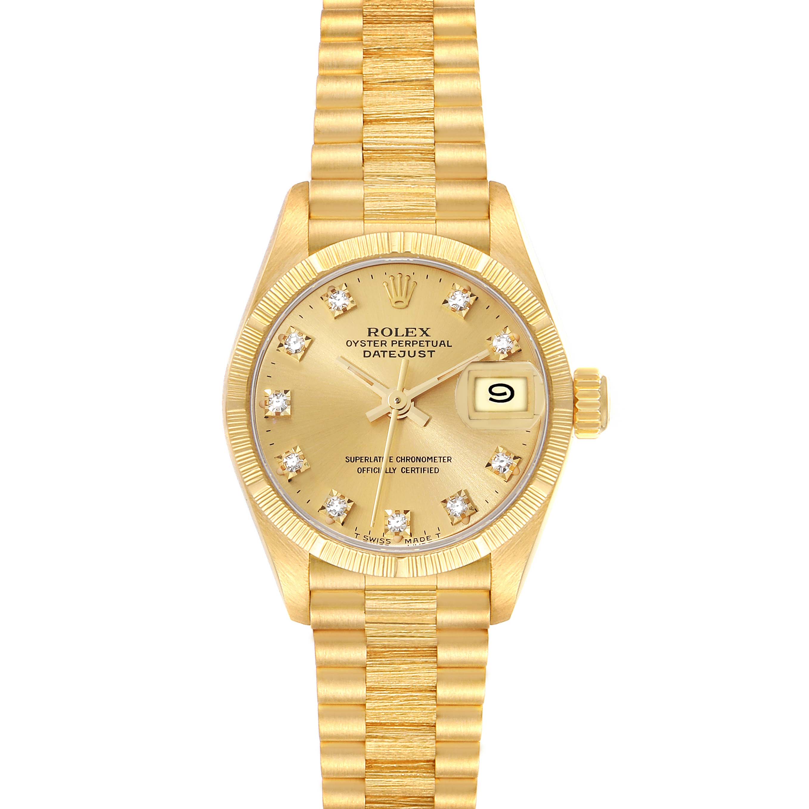 The image shows a Rolex President 69278 Women
s Yellow Gold Champagne Dial 69278 Women
s Yellow Gold Champagne Dial model watch from a front view, highlighting the dial, bezel, and bracelet.