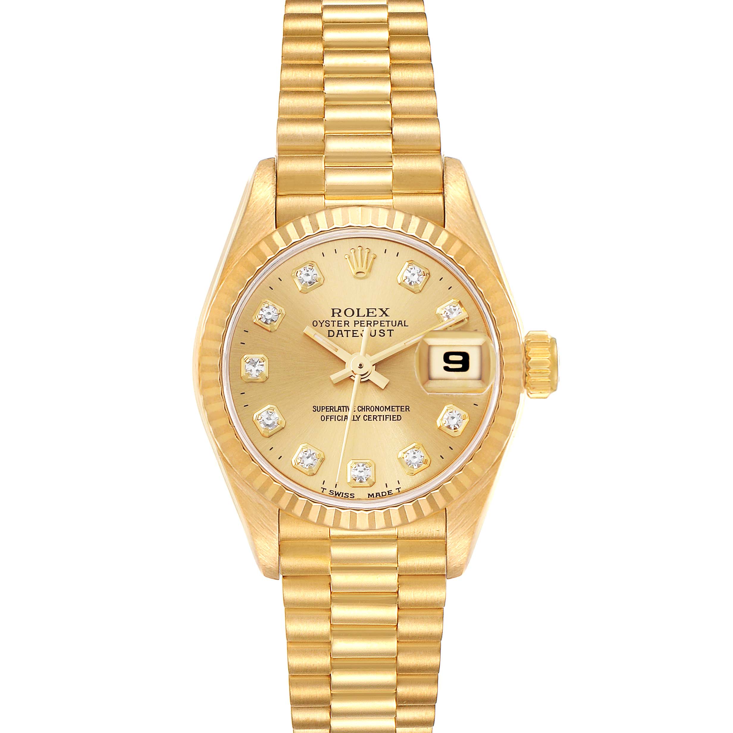 This image shows a front view of a Rolex President 69178 Women
s Yellow Gold Champagne Dial 69178 Women
s Yellow Gold Champagne Dial model watch, featuring the dial, date window, bezel, case, and bracelet.