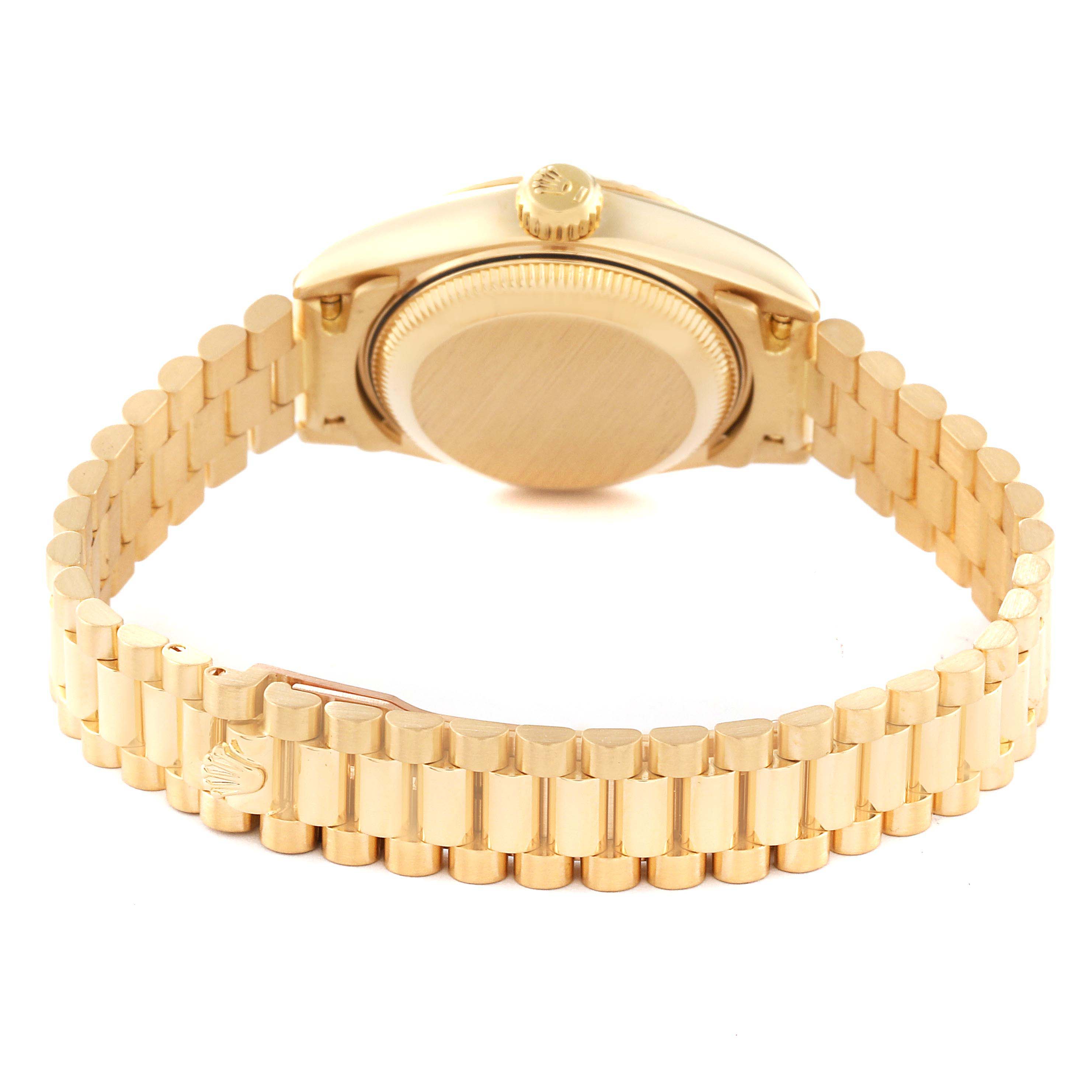 The image shows the back and bracelet of a Rolex President 69178 Women
s Yellow Gold Champagne Dial 69178 Women
s Yellow Gold Champagne Dial model watch, highlighting its gold case and link bracelet.