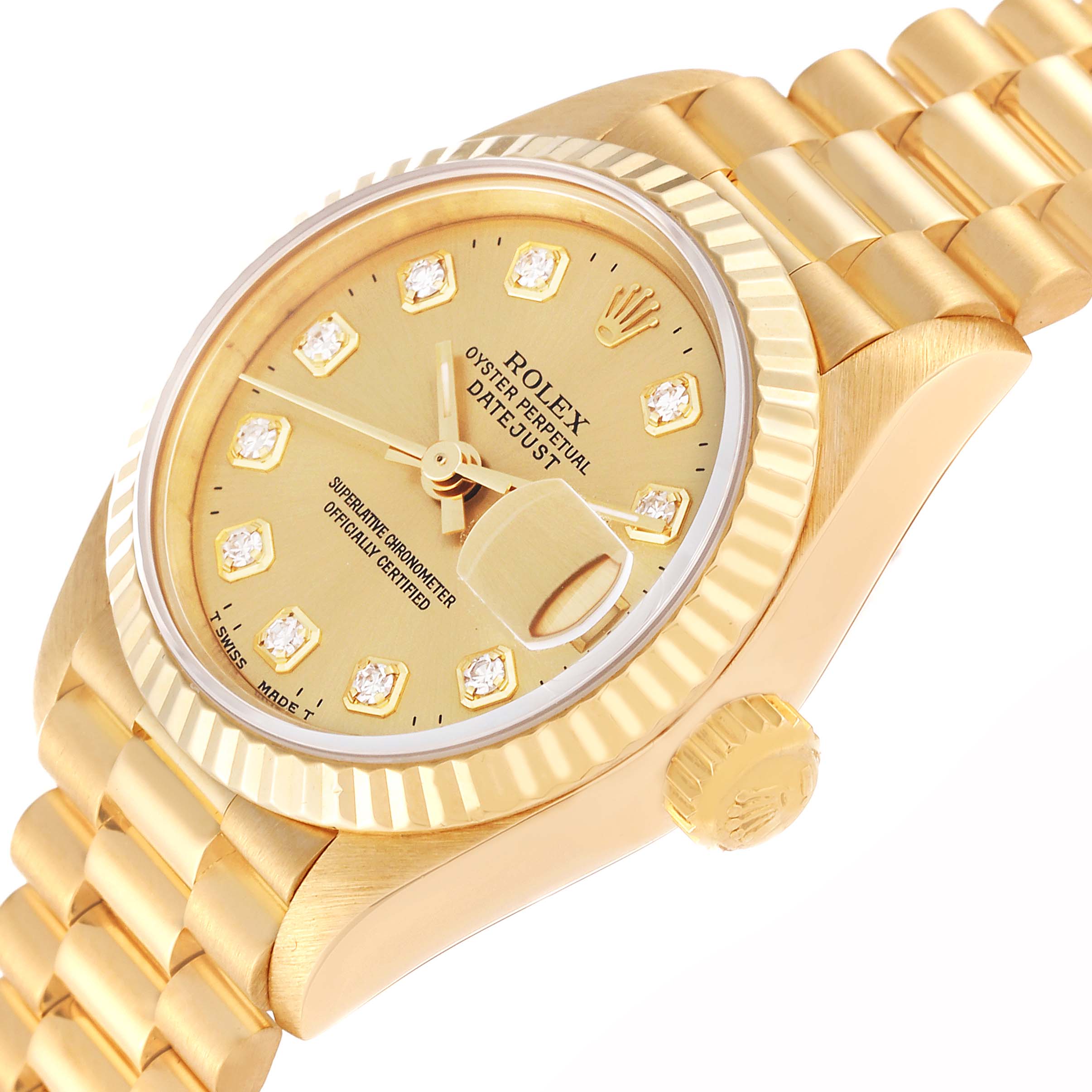 The image shows a Rolex President 69178 Women
s Yellow Gold Champagne Dial 69178 Women
s Yellow Gold Champagne Dial model watch at an angle highlighting the face, crown, fluted bezel, and part of the bracelet.