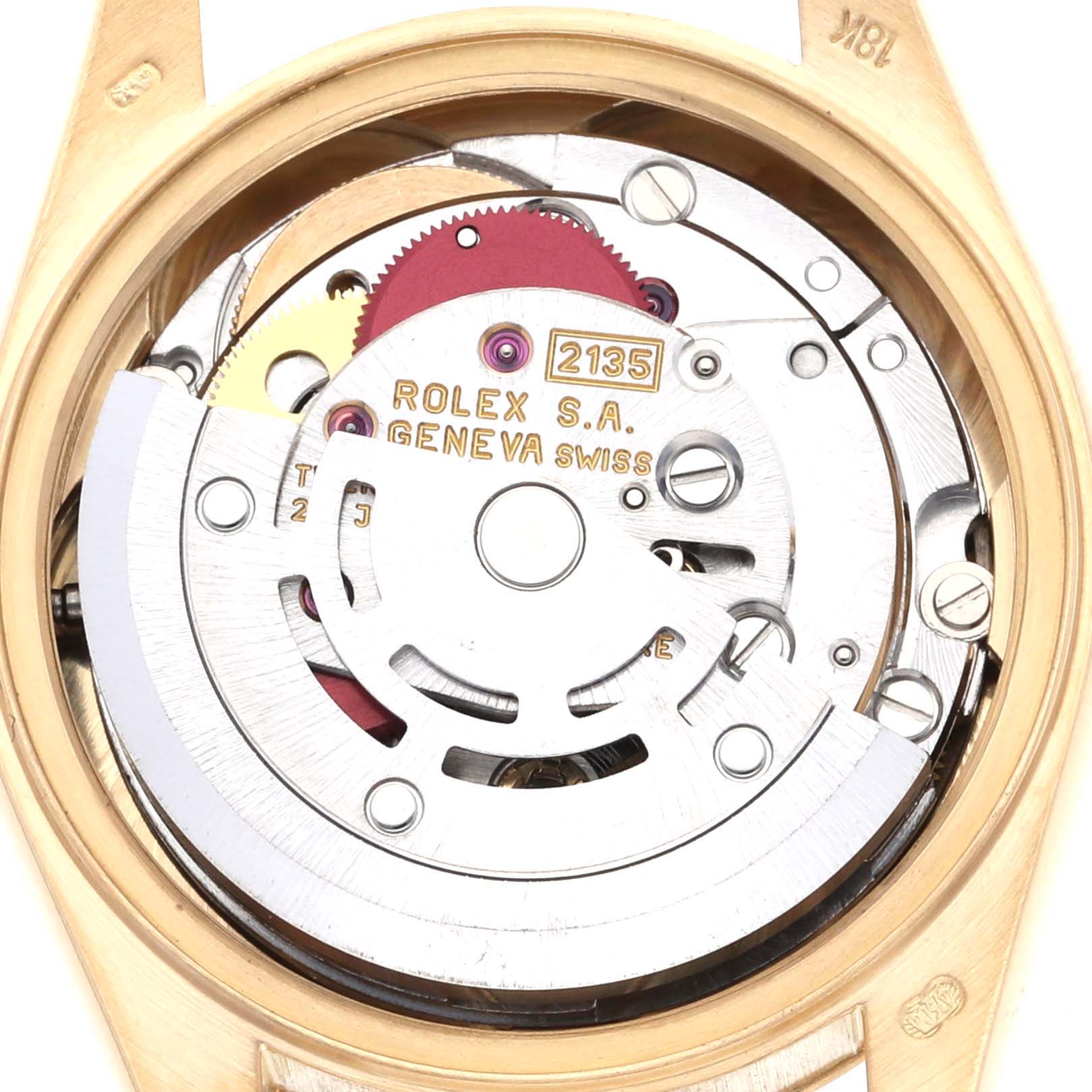 This image shows the inner workings and mechanism of the Rolex President 69178 Women
s Yellow Gold Champagne Dial 69178 Women
s Yellow Gold Champagne Dial model from the back view.