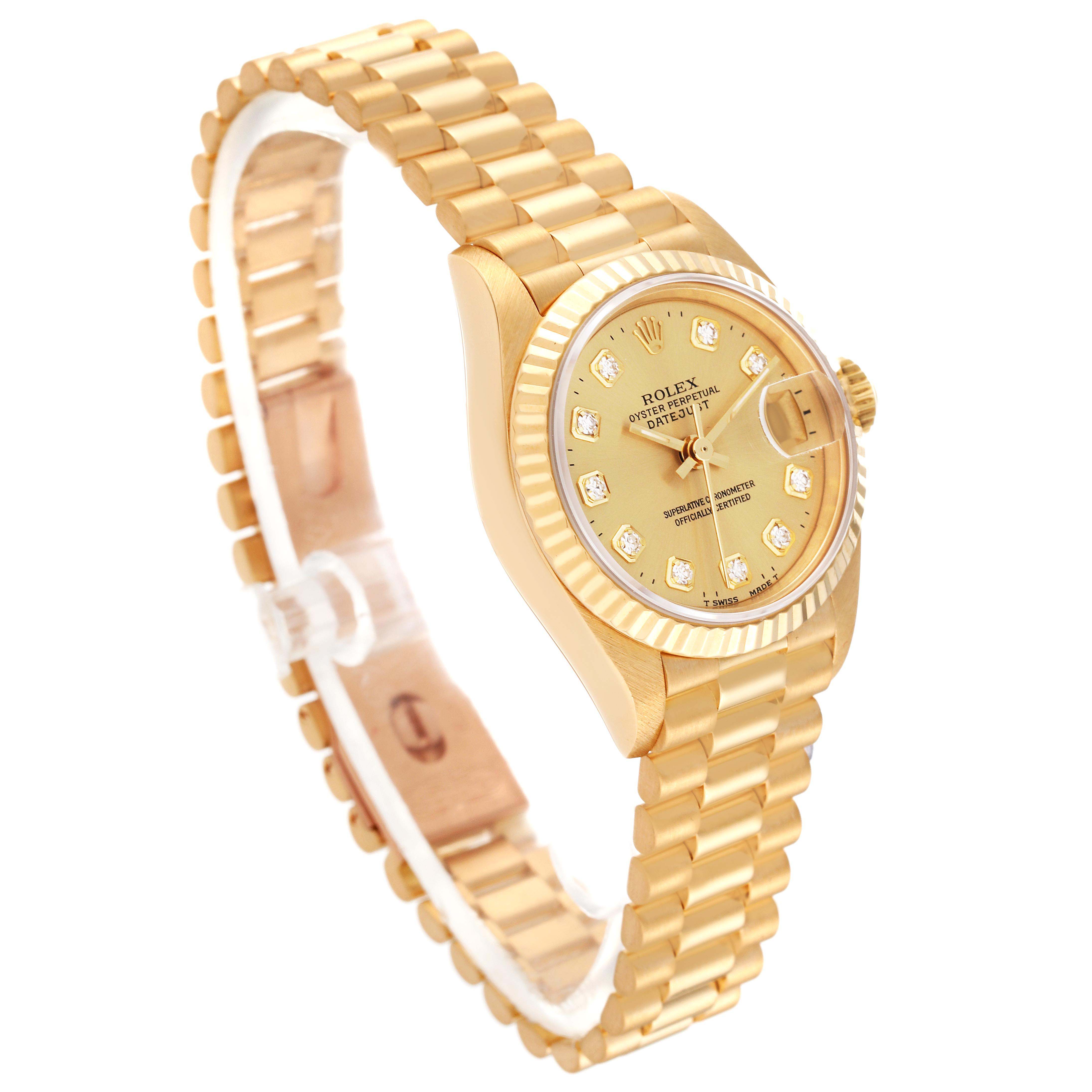 The image shows a Rolex President 69178 Women
s Yellow Gold Champagne Dial 69178 Women
s Yellow Gold Champagne Dial model watch at a slight angled view, showcasing its gold bracelet and diamond-studded dial.