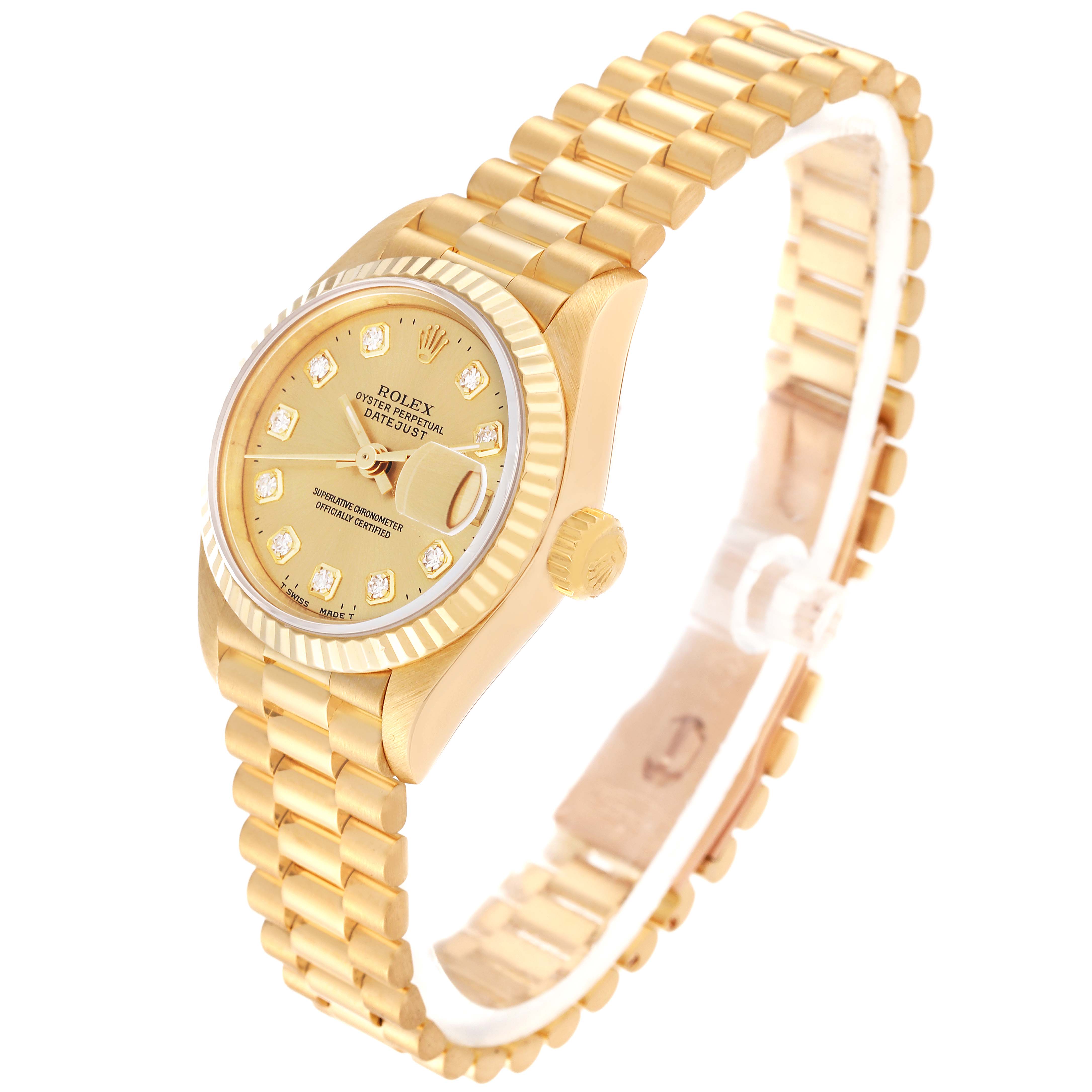 The image shows a Rolex President 69178 Women
s Yellow Gold Champagne Dial 69178 Women
s Yellow Gold Champagne Dial model watch from a side angle, highlighting its gold bracelet and diamond-accented dial.