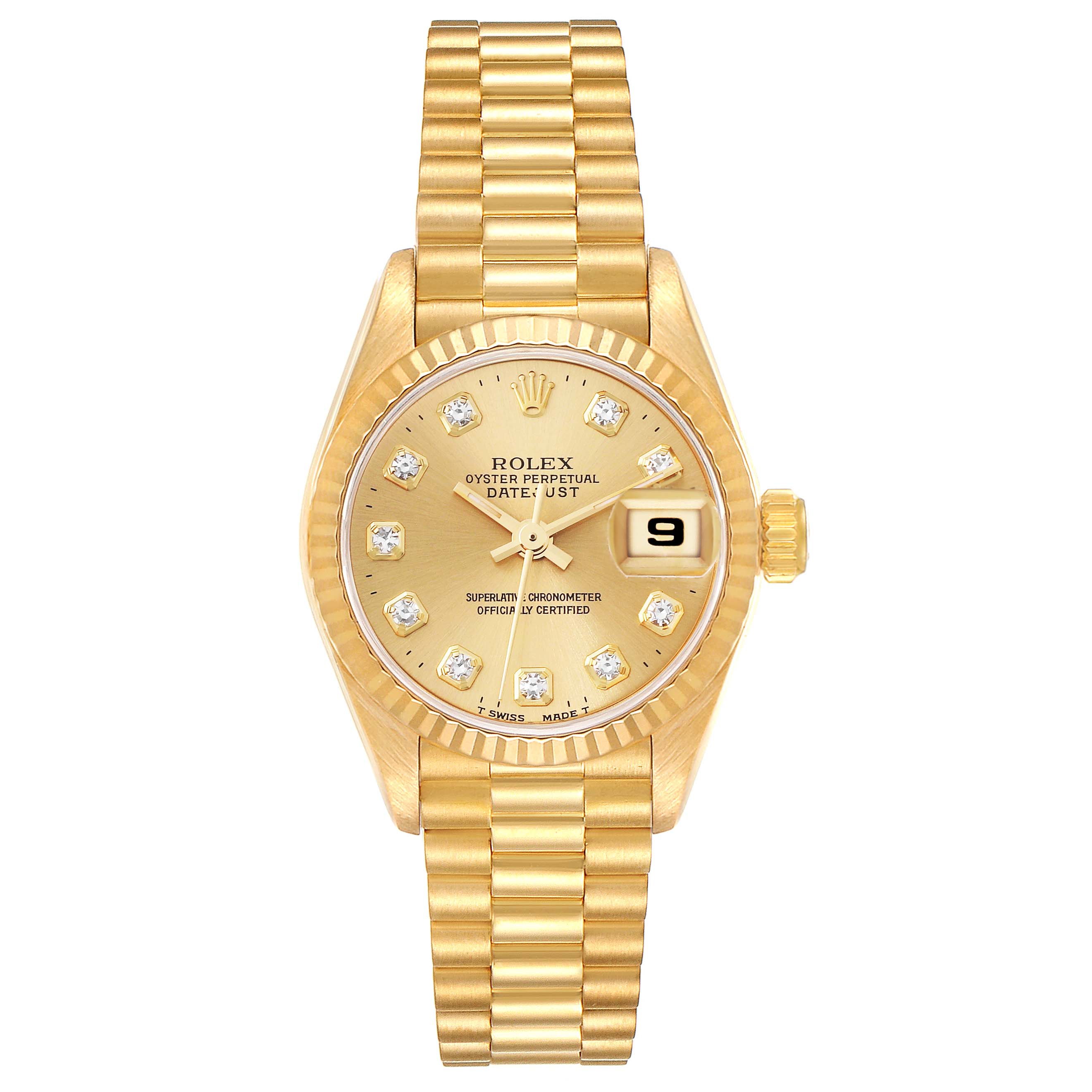 The Rolex President 69178 Women
s Yellow Gold Champagne Dial 69178 Women
s Yellow Gold Champagne Dial model watch is shown from a top-down angle, displaying the face, bezel, and bracelet clearly.