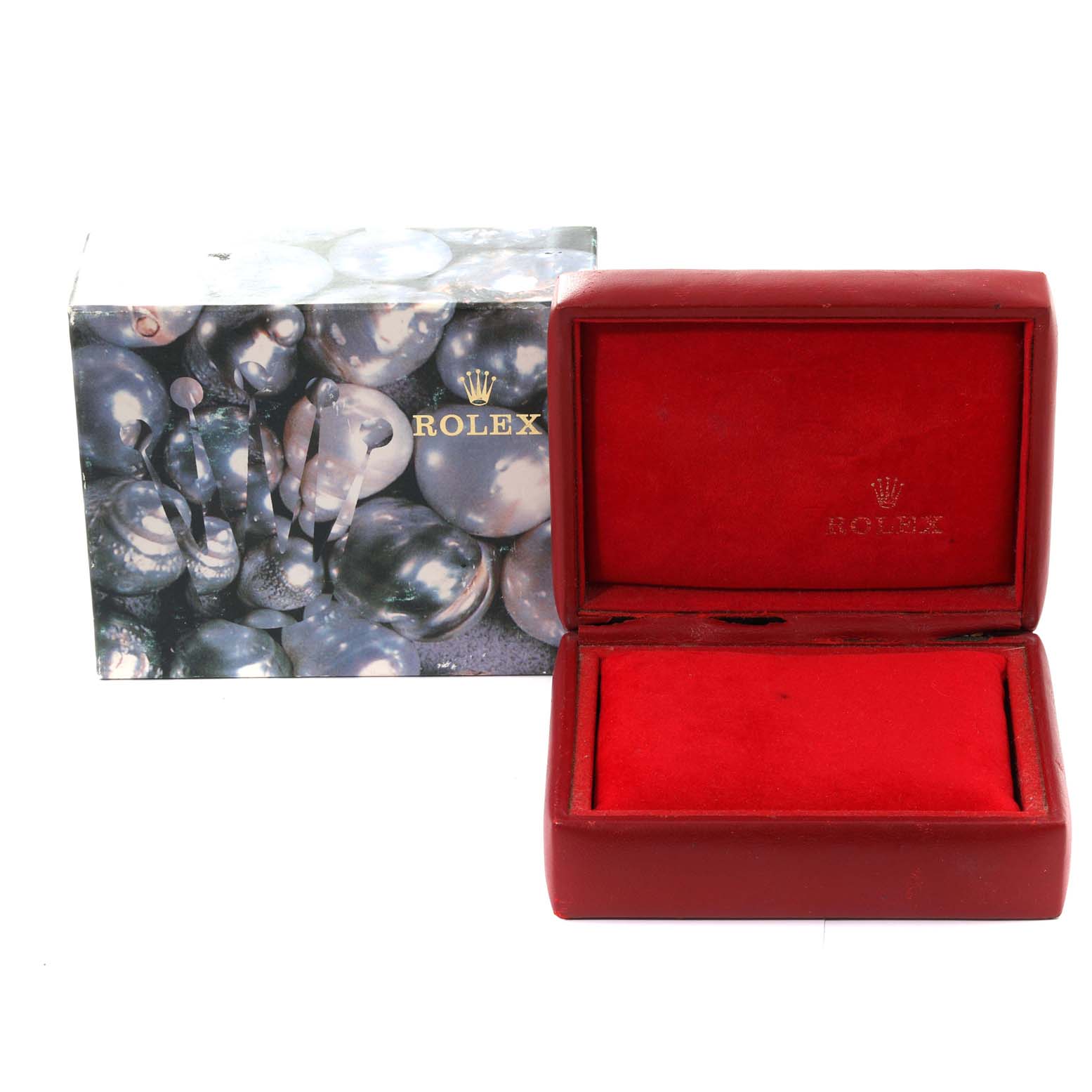 The image shows a Rolex President 69178 Women
s Yellow Gold Champagne Dial 69178 Women
s Yellow Gold Champagne Dial model
s empty red watch box and the outer decorative box.