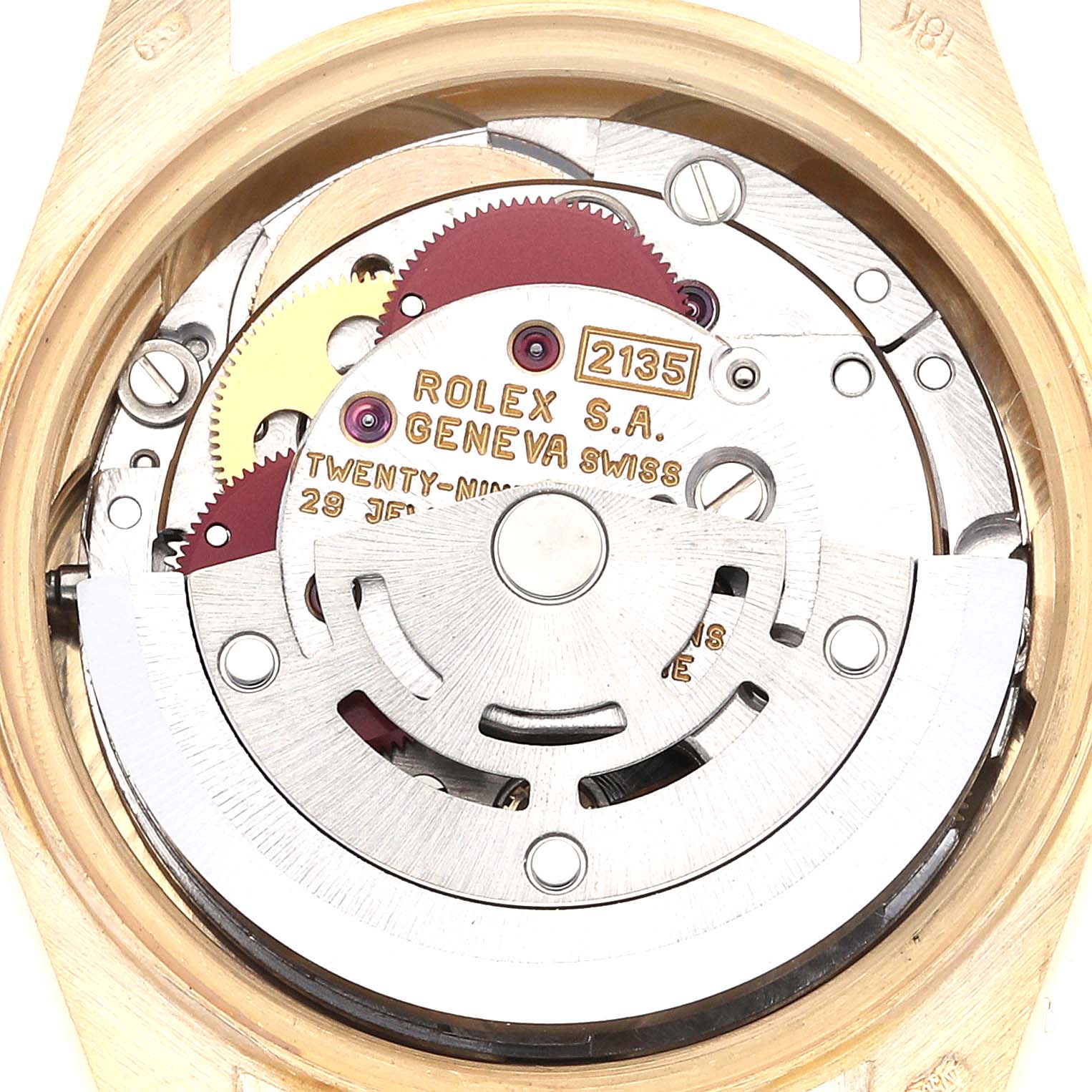 The image shows the open back view revealing the inner mechanism of a Rolex President 69178 Women
s Yellow Gold Champagne Dial 69178 Women
s Yellow Gold Champagne Dial model watch.