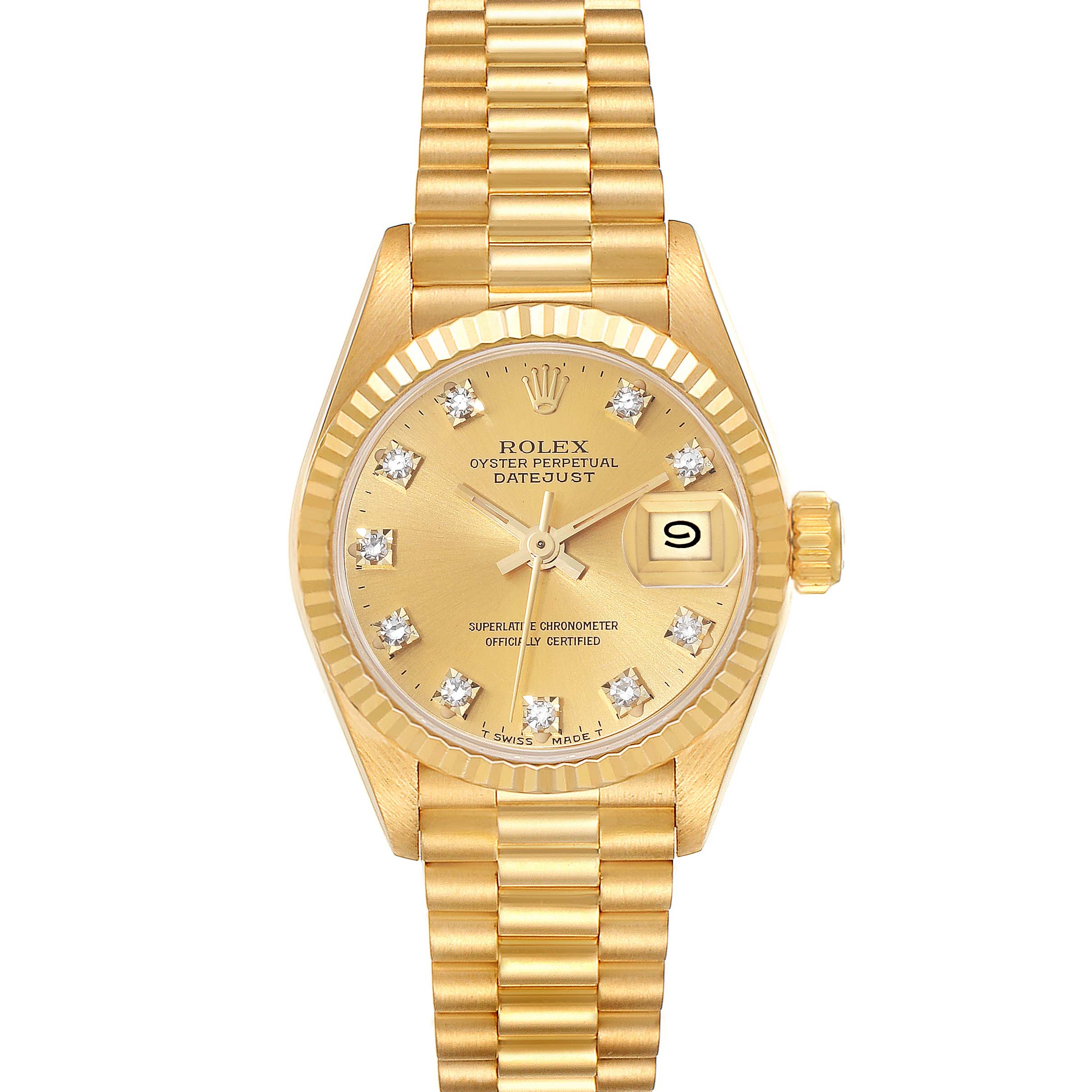 This image shows a front view of a Rolex President 69178 Women
s Yellow Gold Champagne Dial 69178 Women
s Yellow Gold Champagne Dial model with a gold dial, bracelet, and diamond hour markers.