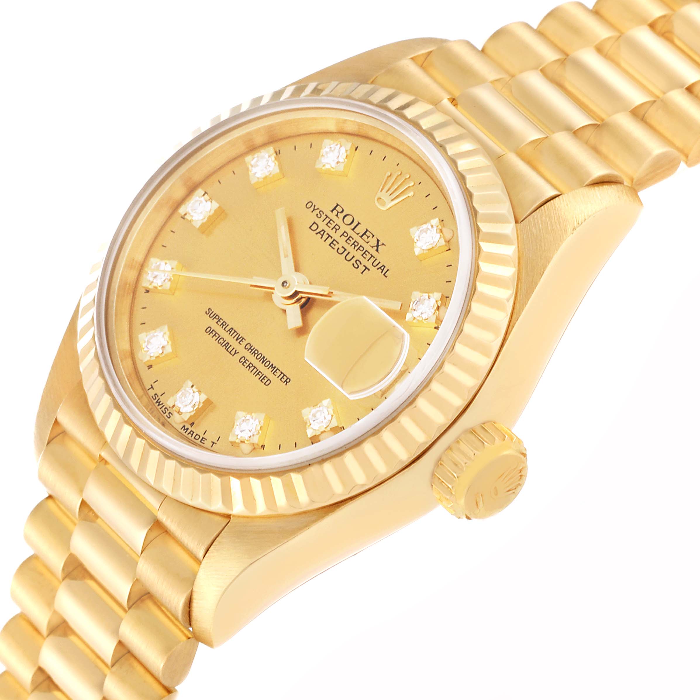 This image shows a Rolex President 69178 Women
s Yellow Gold Champagne Dial 69178 Women
s Yellow Gold Champagne Dial model watch from an oblique angle, highlighting the dial, bezel, crown, and part of the bracelet.