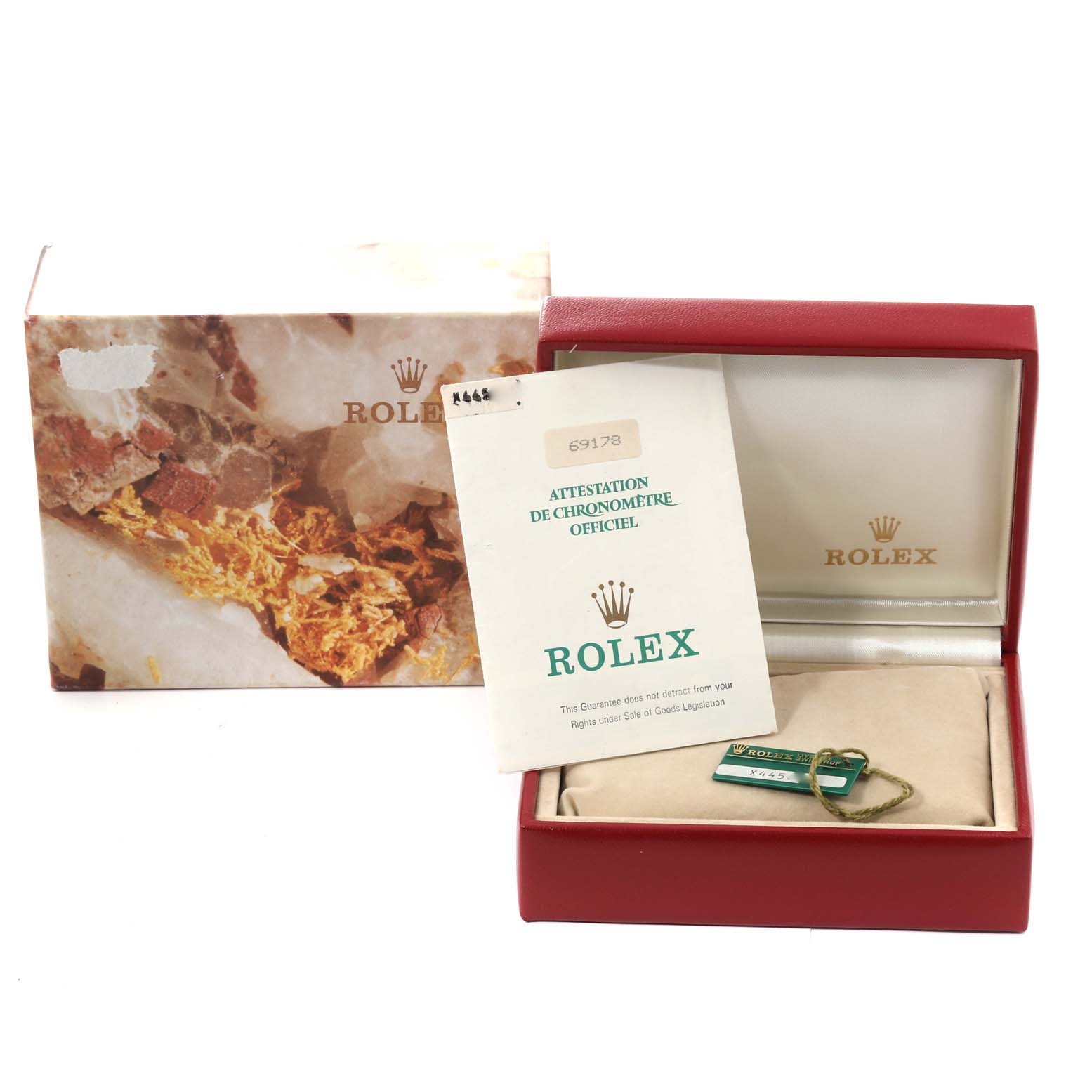 The image shows the packaging, warranty card, and tag of a Rolex President 69178 Women
s Yellow Gold Champagne Dial 69178 Women
s Yellow Gold Champagne Dial model watch.
