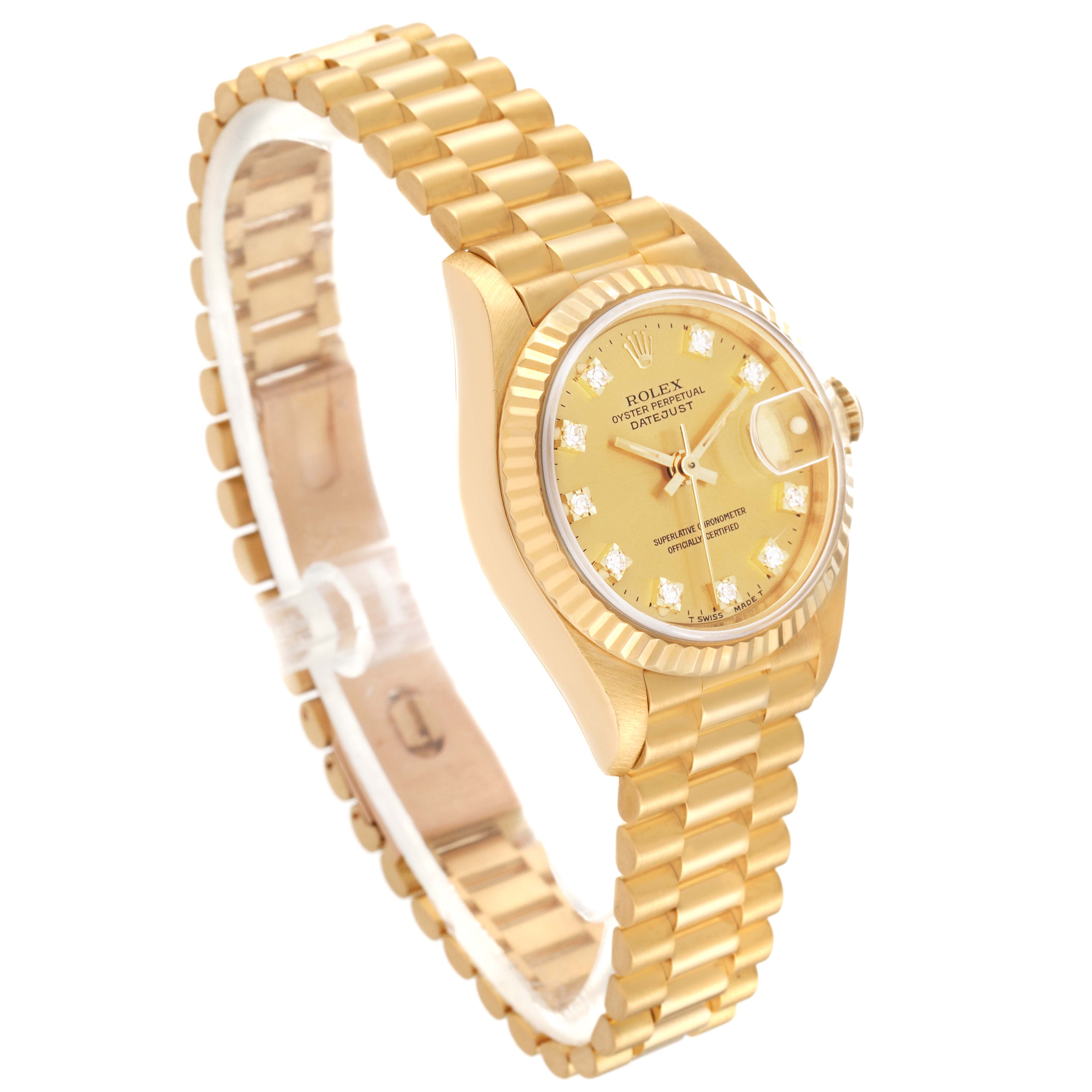 This image shows a Rolex President 69178 Women
s Yellow Gold Champagne Dial 69178 Women
s Yellow Gold Champagne Dial model watch at a slight angle from the front, highlighting the face, case, and link bracelet.