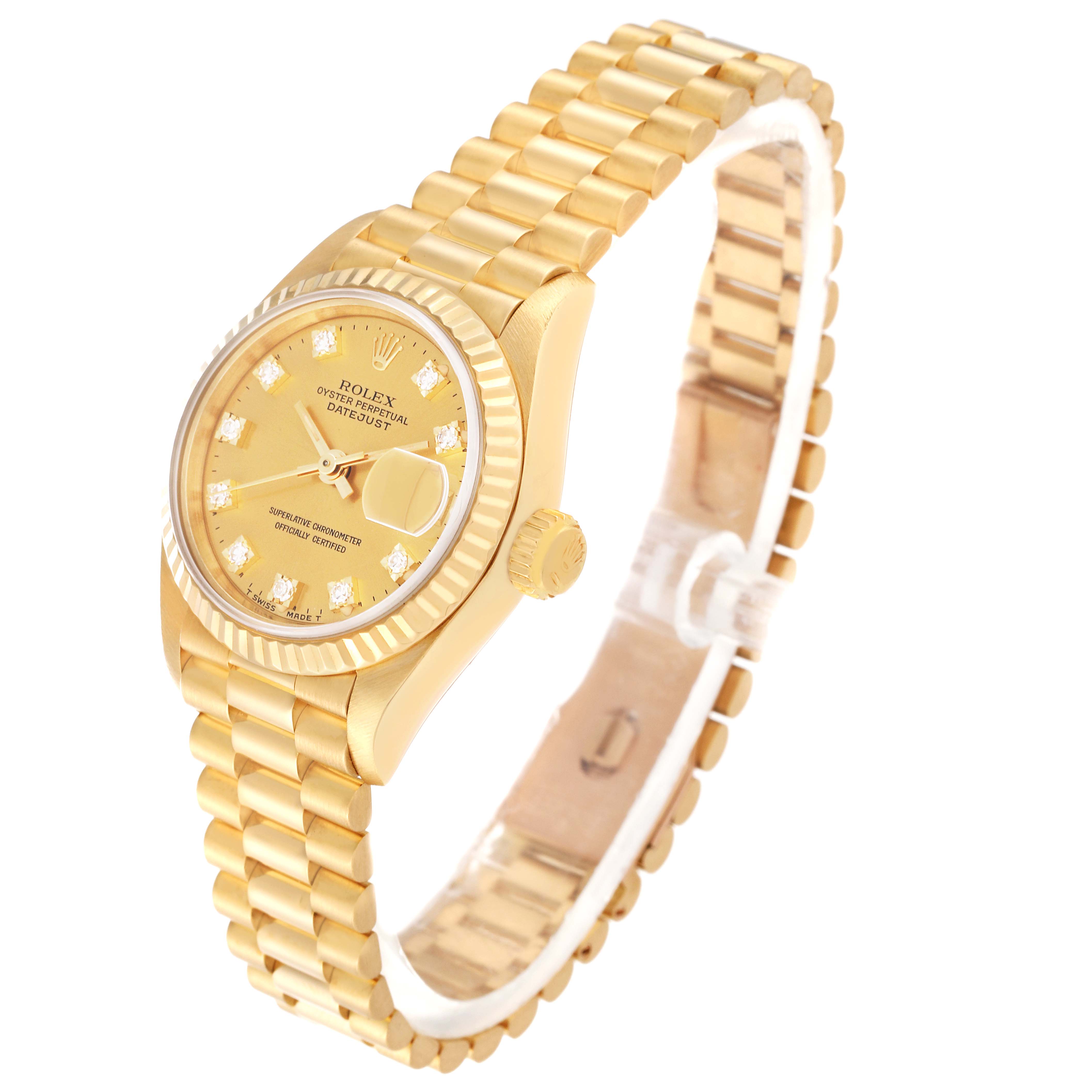 The image shows a Rolex President 69178 Women
s Yellow Gold Champagne Dial 69178 Women
s Yellow Gold Champagne Dial model watch angled to display its gold bracelet, dial, and date magnifier.