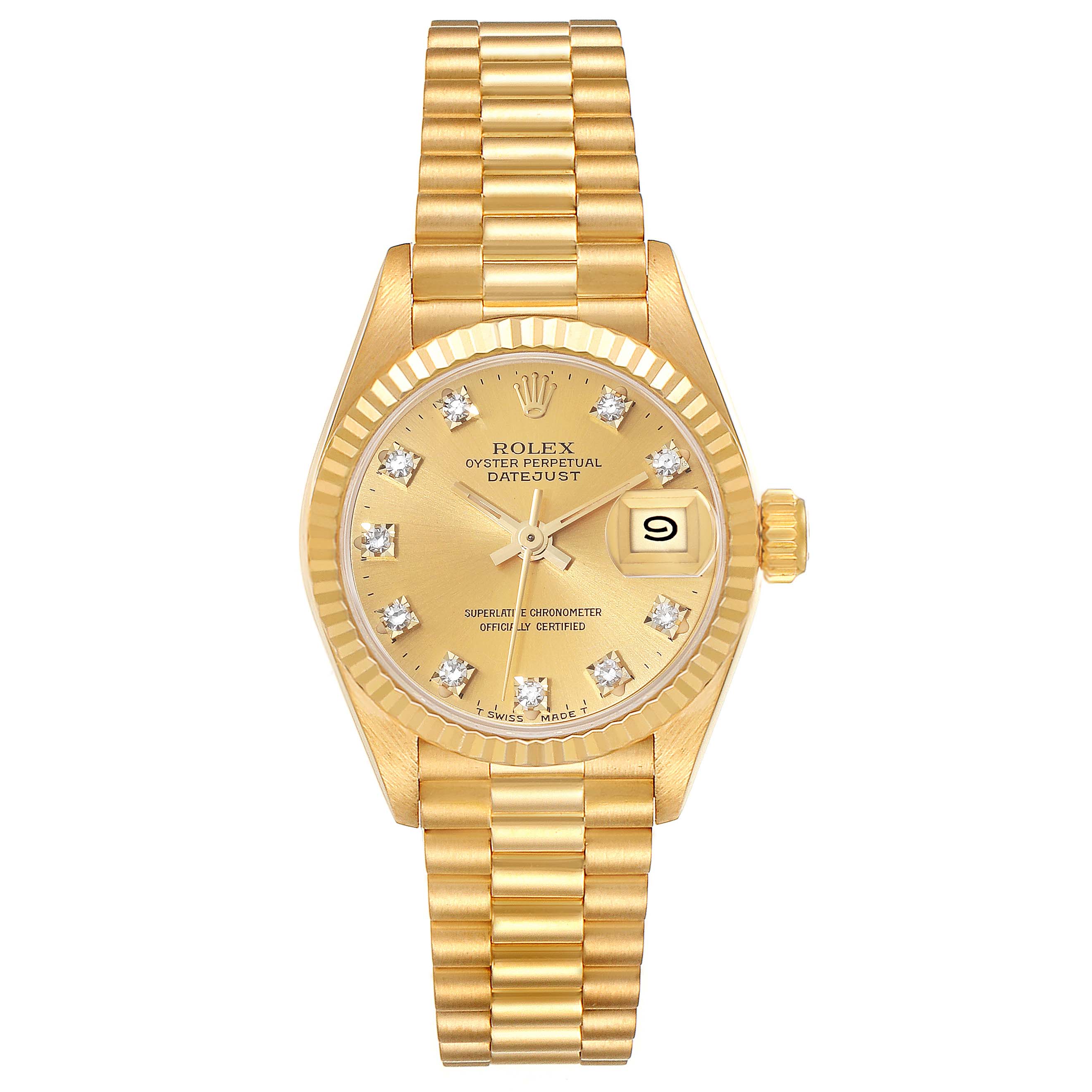 The image shows a Rolex President 69178 Women
s Yellow Gold Champagne Dial 69178 Women
s Yellow Gold Champagne Dial model watch from a front angle, displaying its bracelet, dial, and day-date feature.