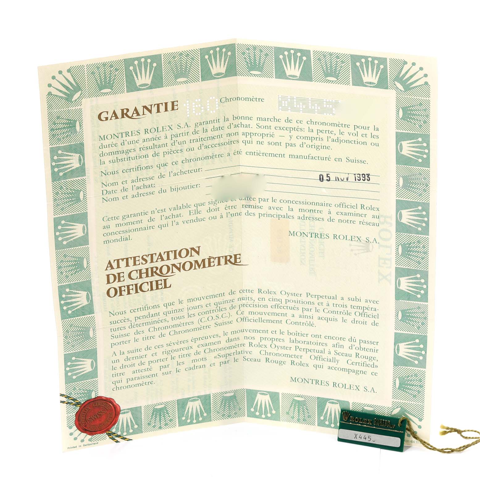 The image shows the warranty certificate and official chronometer certification for a Rolex President 69178 Women
s Yellow Gold Champagne Dial 69178 Women
s Yellow Gold Champagne Dial model watch.