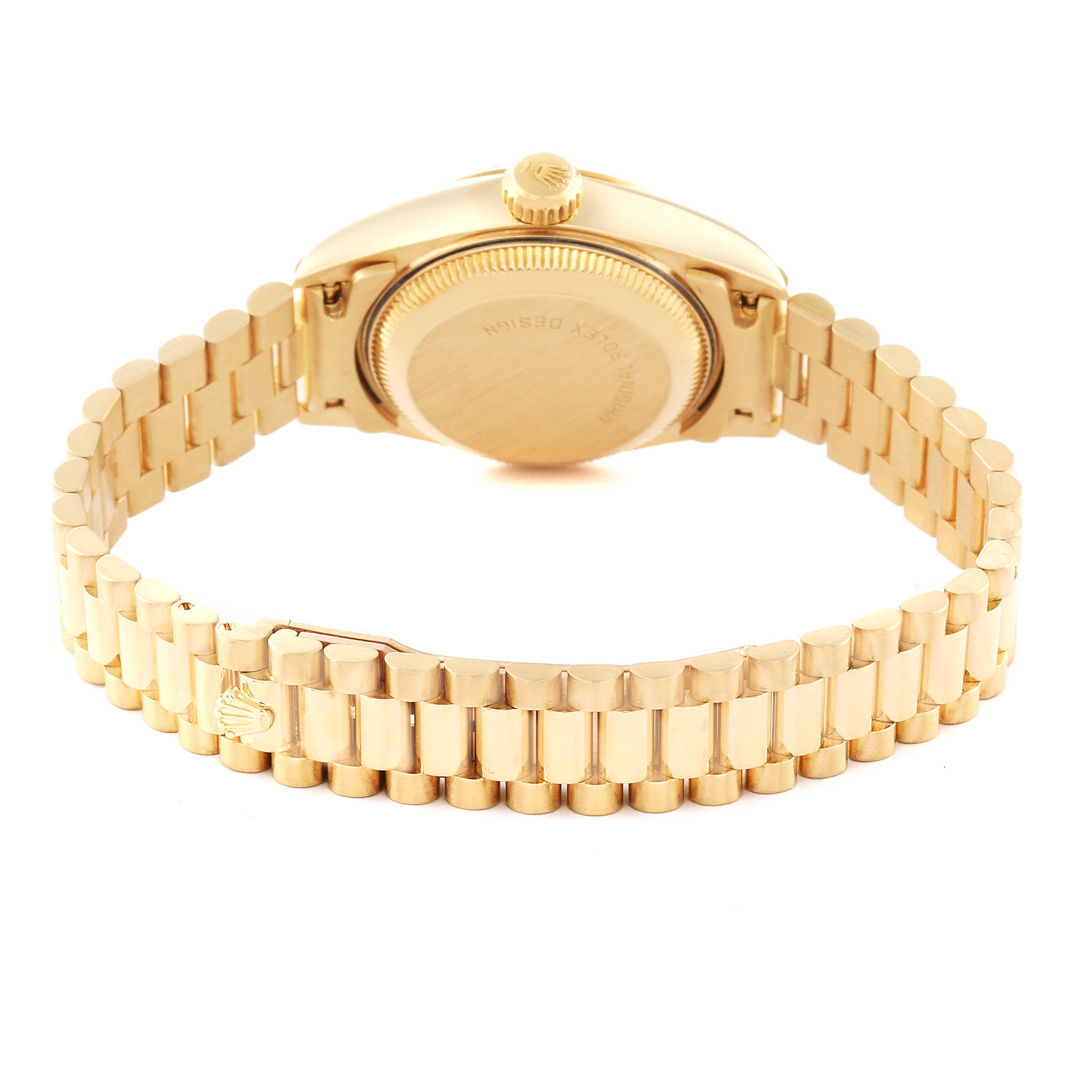 The image shows the back and bracelet of a Rolex President 69178 Women
s Yellow Gold Champagne Dial 69178 Women
s Yellow Gold Champagne Dial model watch, highlighting its gold case back, bracelet, and clasp.