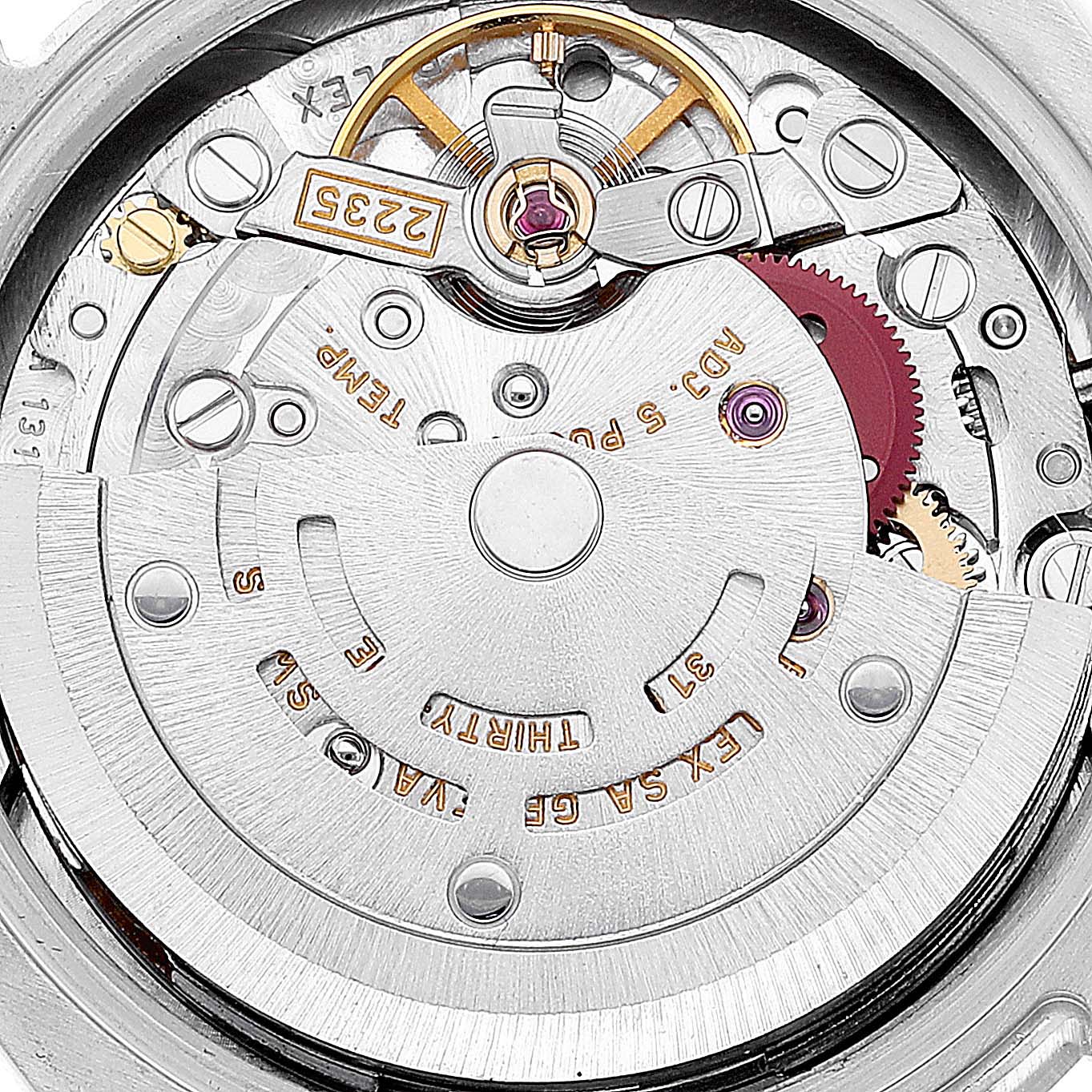 The image shows a close-up of the movement mechanism inside a Rolex President 179166 Women's Platinum Silver Dial 179166 Women's Platinum Silver Dial model watch.