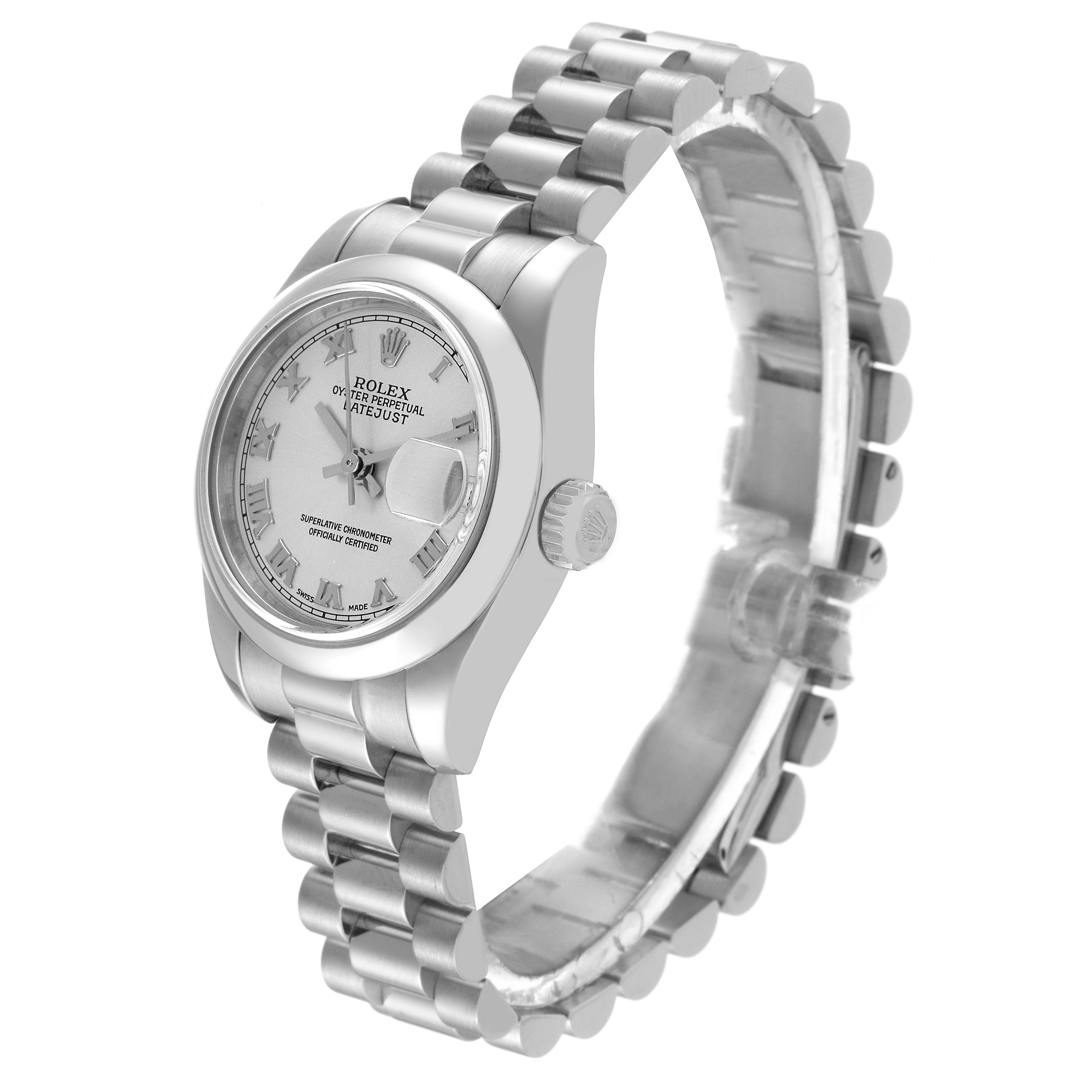 The Rolex President 179166 Women's Platinum Silver Dial 179166 Women's Platinum Silver Dial model watch is shown at a three-quarter angle, highlighting the face, case, crown, and bracelet.