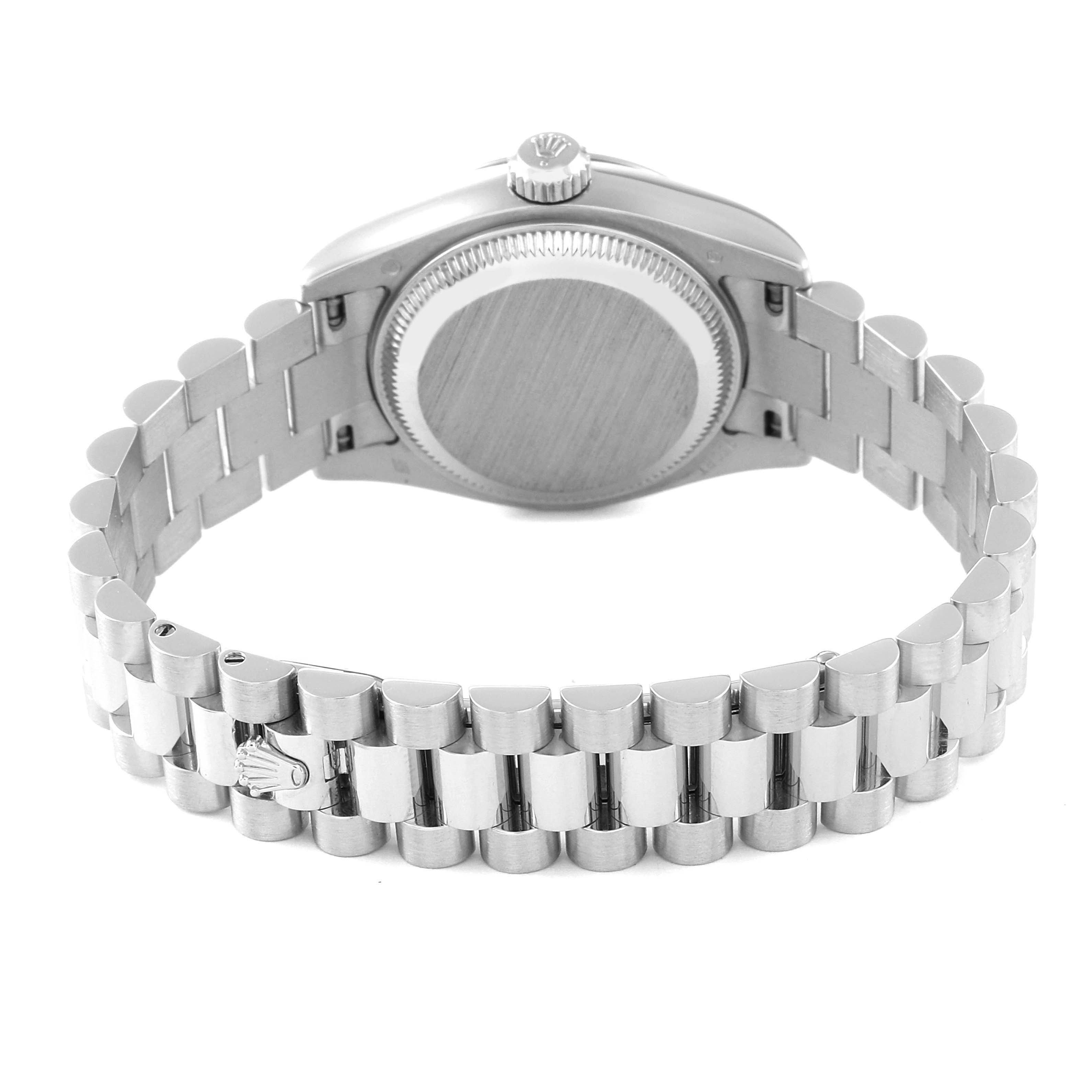This image shows the back case and bracelet of a Rolex President 179166 Women's Platinum Silver Dial 179166 Women's Platinum Silver Dial model watch from a rear angle.