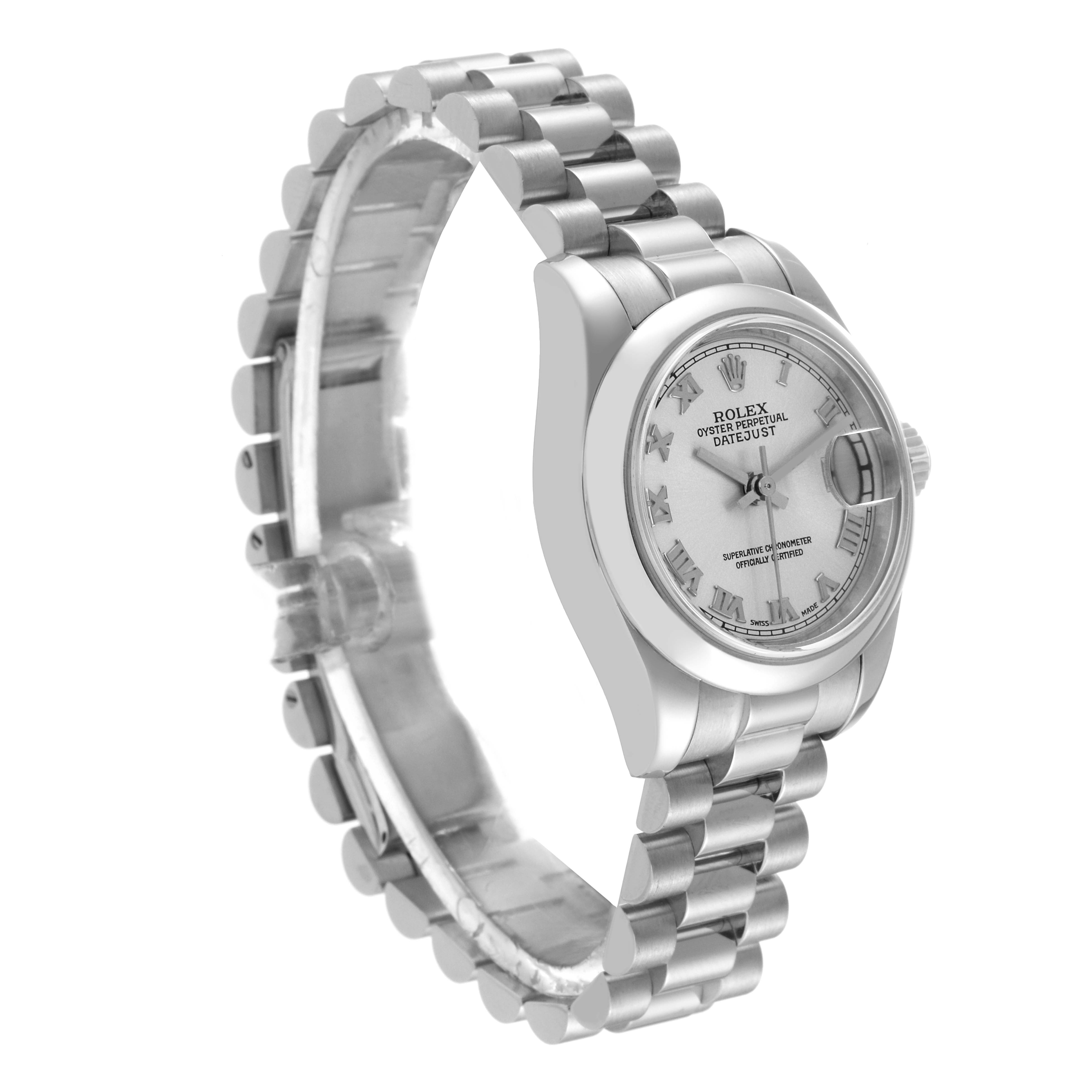 The image shows a side view of a Rolex President 179166 Women's Platinum Silver Dial 179166 Women's Platinum Silver Dial model watch, highlighting the bracelet, case, and dial.