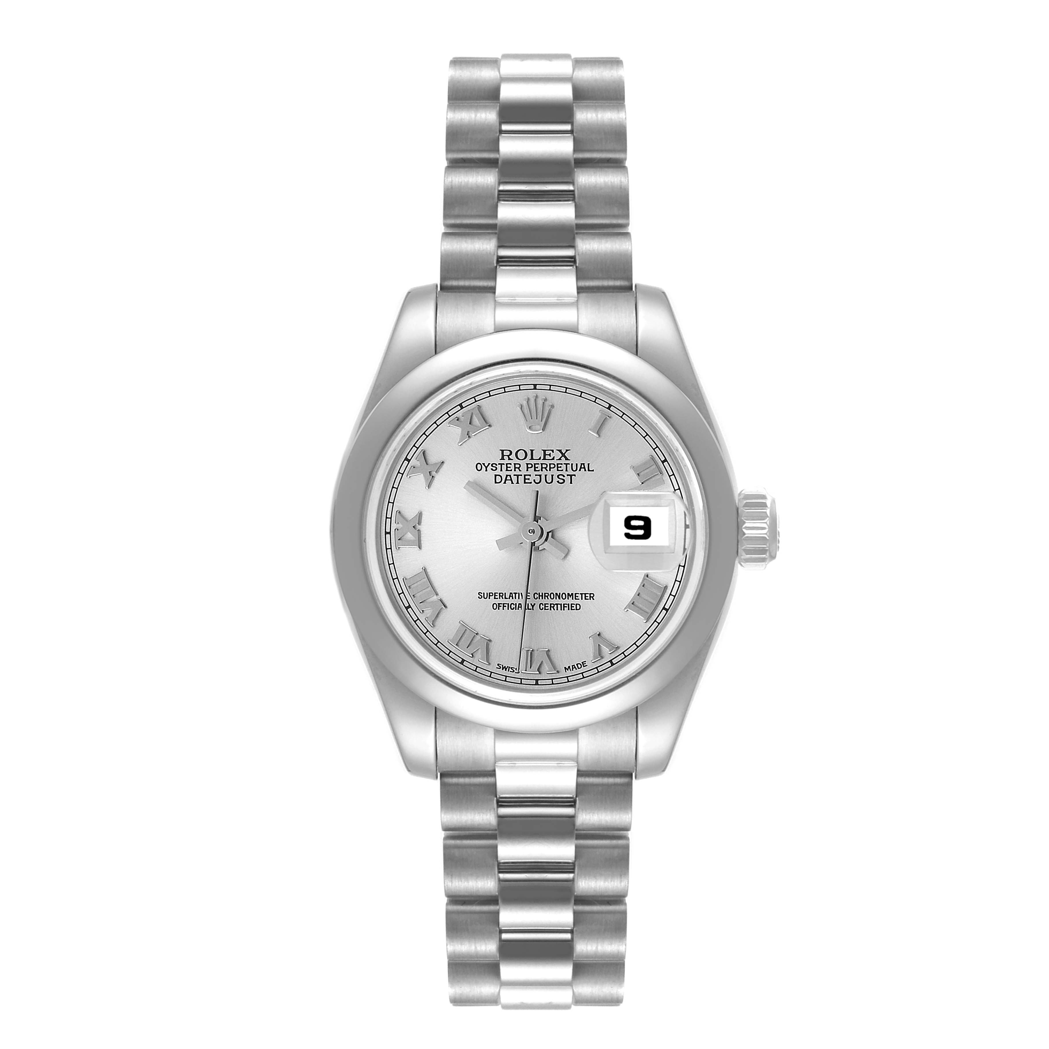 The Rolex President 179166 Women's Platinum Silver Dial 179166 Women's Platinum Silver Dial model watch is shown from a top-down angle, displaying the dial, bracelet, and date window.