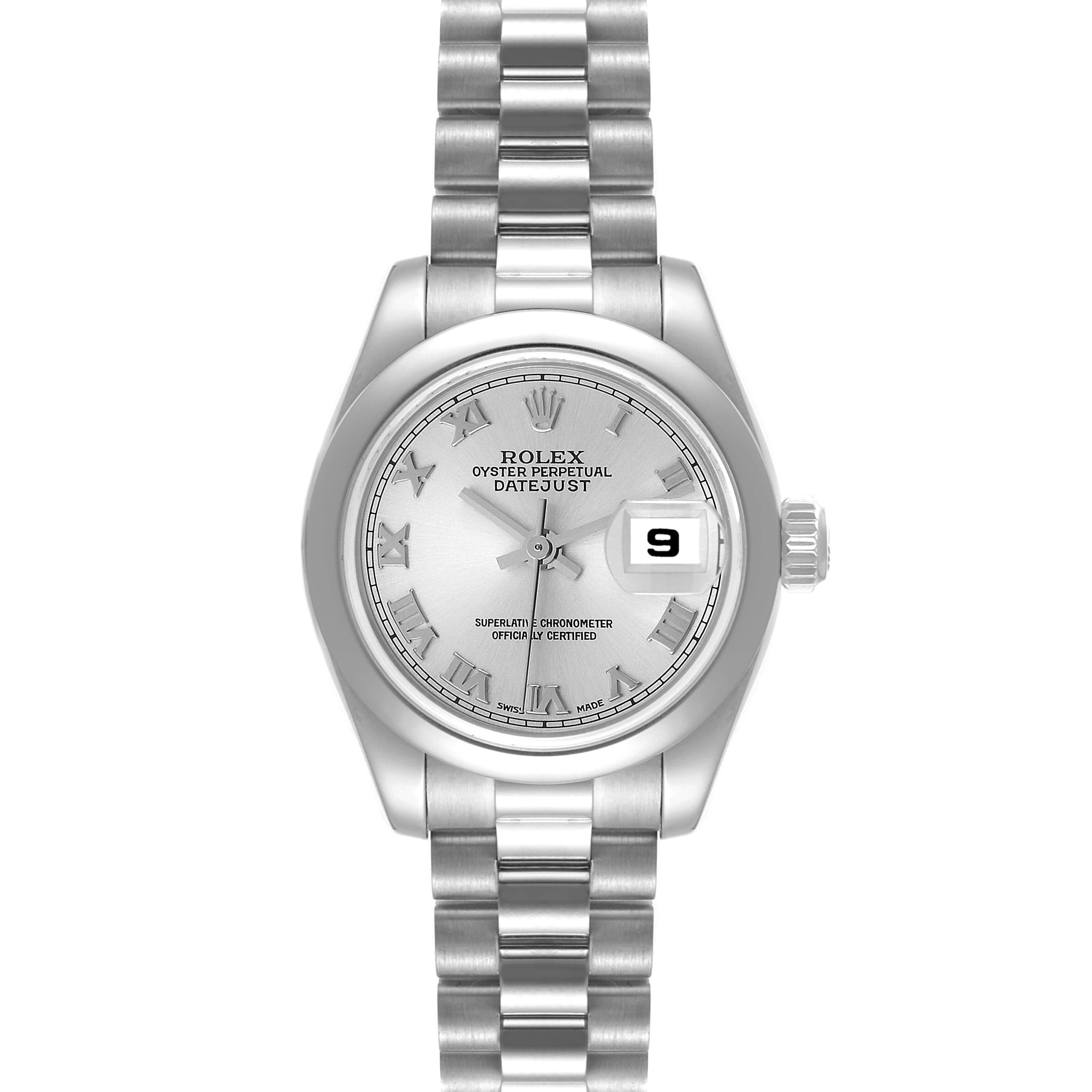 This image shows a front-facing view of a Rolex President 179166 Women's Platinum Silver Dial 179166 Women's Platinum Silver Dial Datejust watch, highlighting its dial, case, and bracelet.