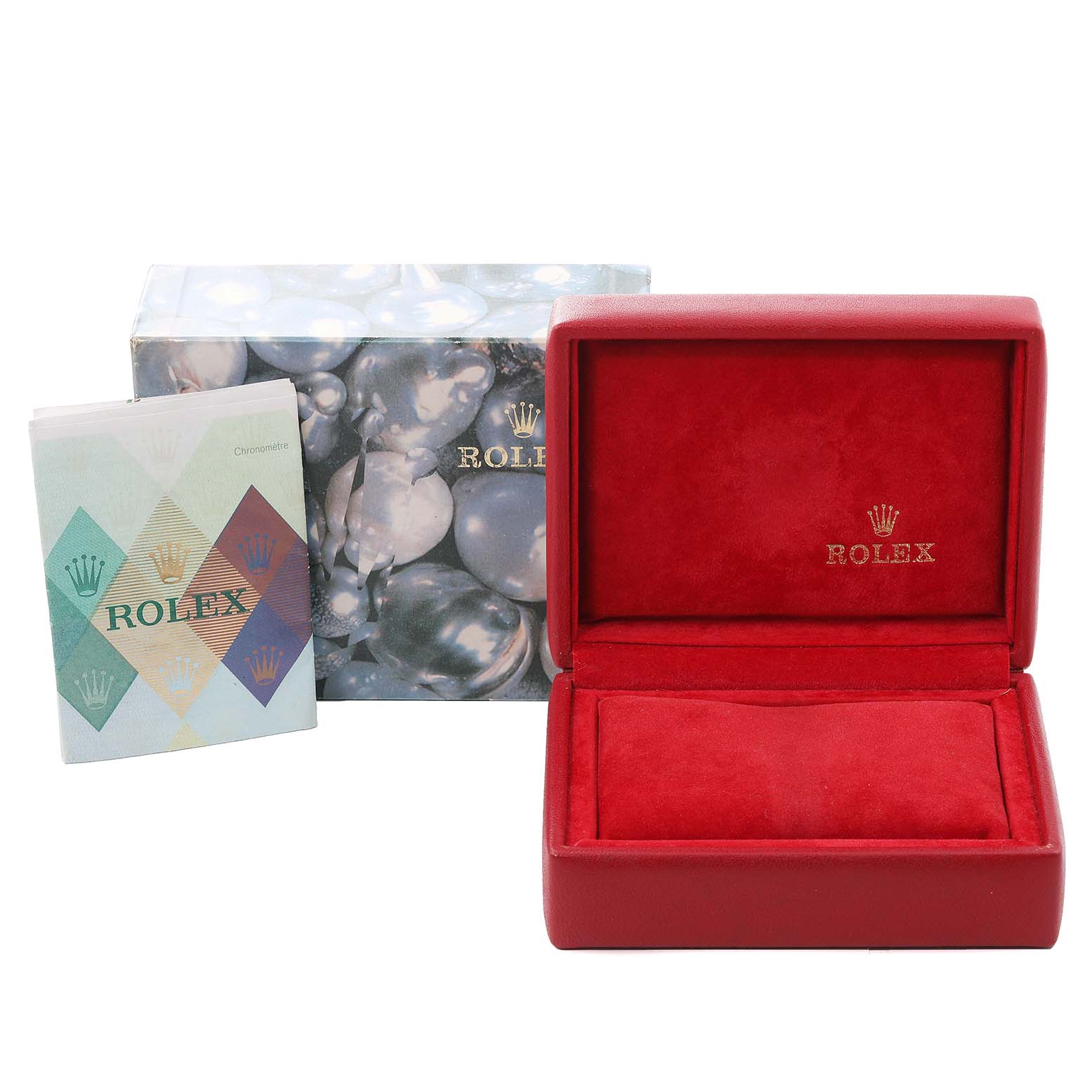 The image shows a Rolex President 179166 Women's Platinum Silver Dial 179166 Women's Platinum Silver Dial model red watch box, its outer box, and a multilingual instructional booklet.