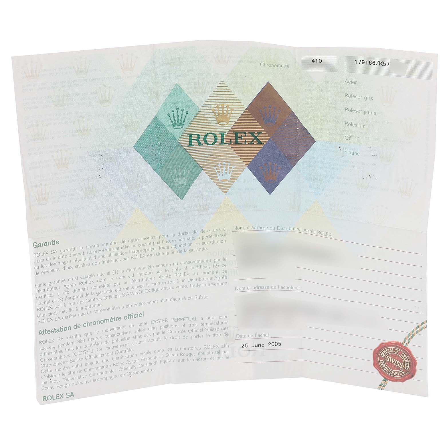 This image shows the warranty card for a Rolex President 179166 Women's Platinum Silver Dial 179166 Women's Platinum Silver Dial model, detailing information about purchase and certification.