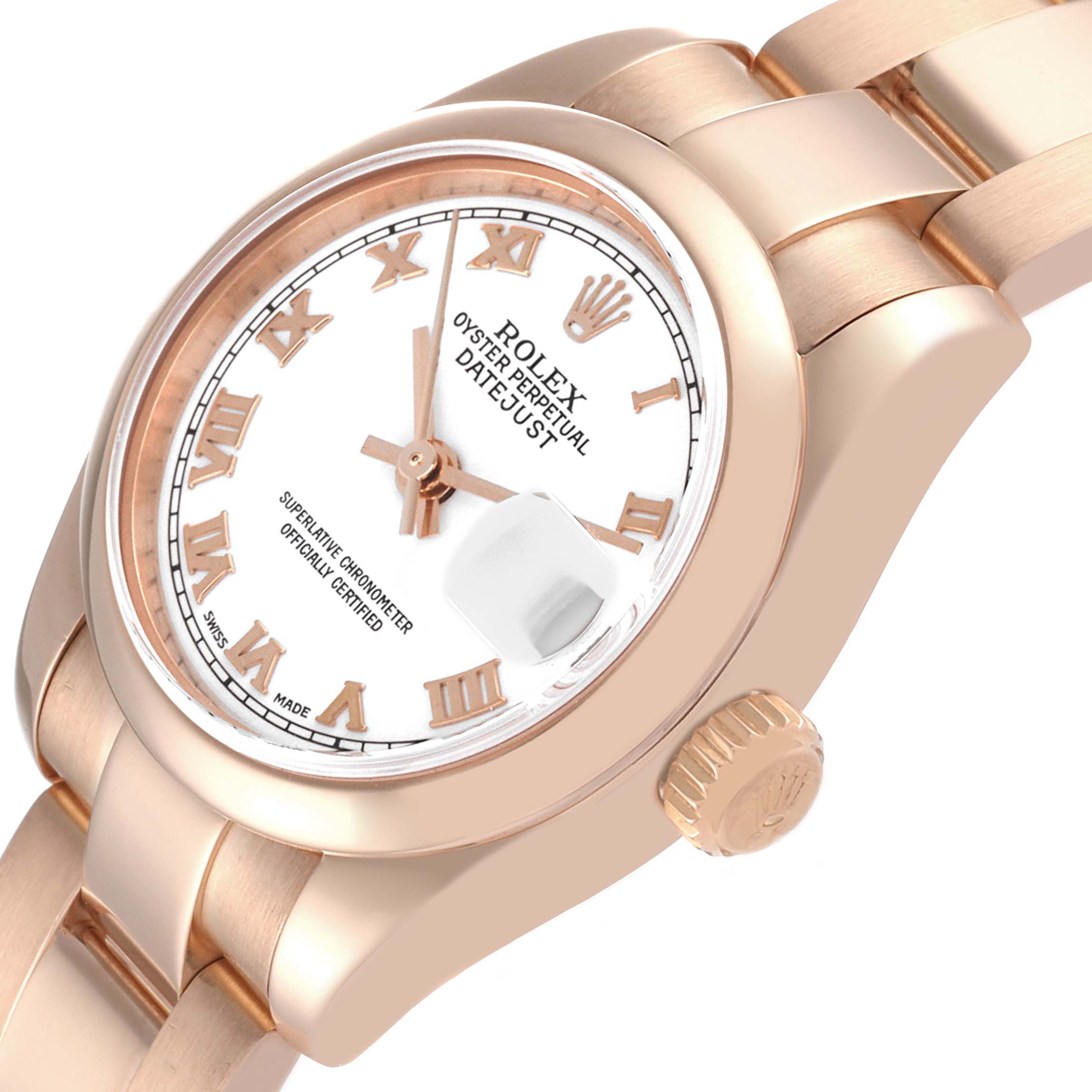 The image shows a side angle of a Rolex President 179165 Women's Rose Gold White Dial 179165 Women's Rose Gold White Dial model watch, highlighting the dial, crown, and part of the bracelet.