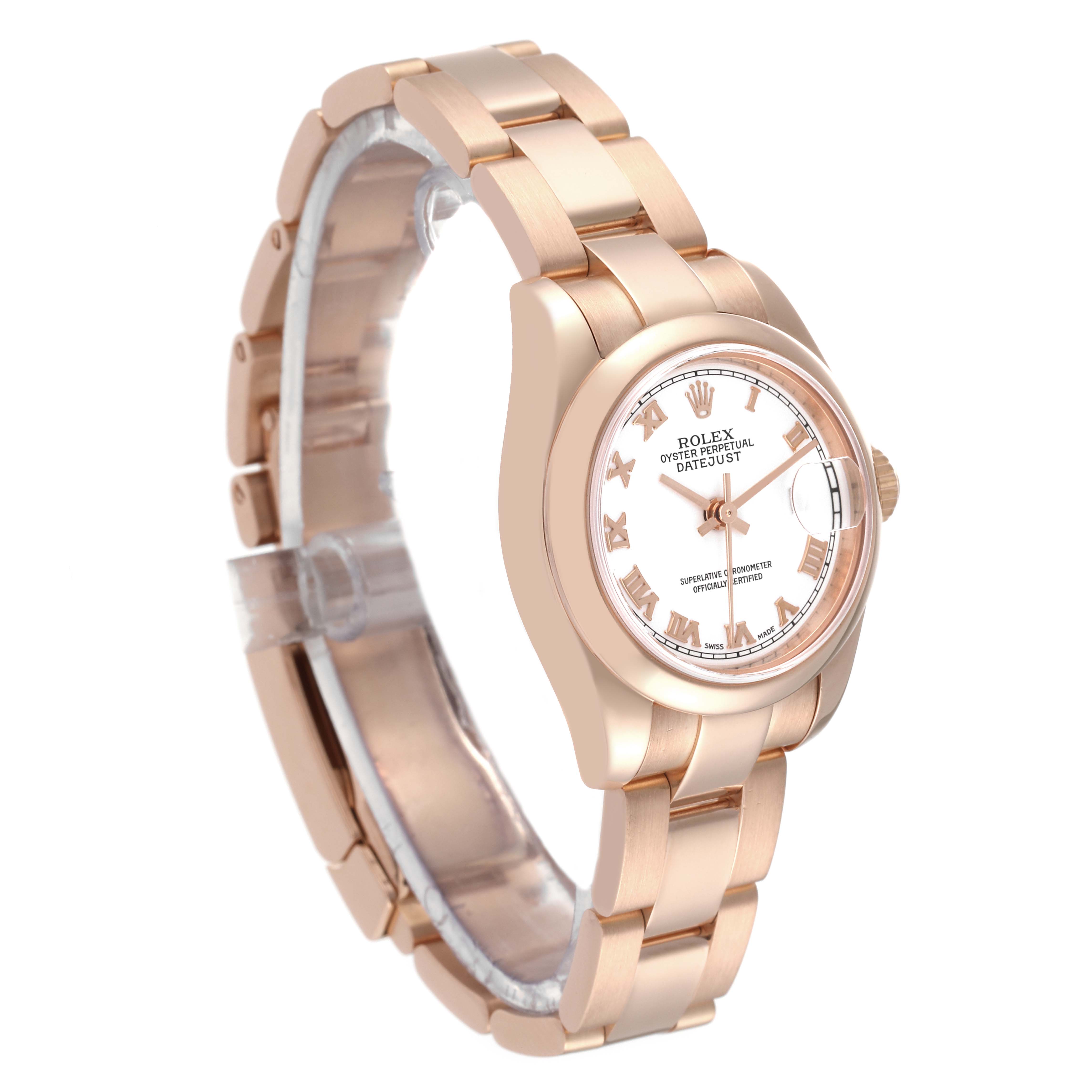 The image shows a Rolex President 179165 Women's Rose Gold White Dial 179165 Women's Rose Gold White Dial model watch at a slightly rotated angle, highlighting its bracelet, face, and crown.