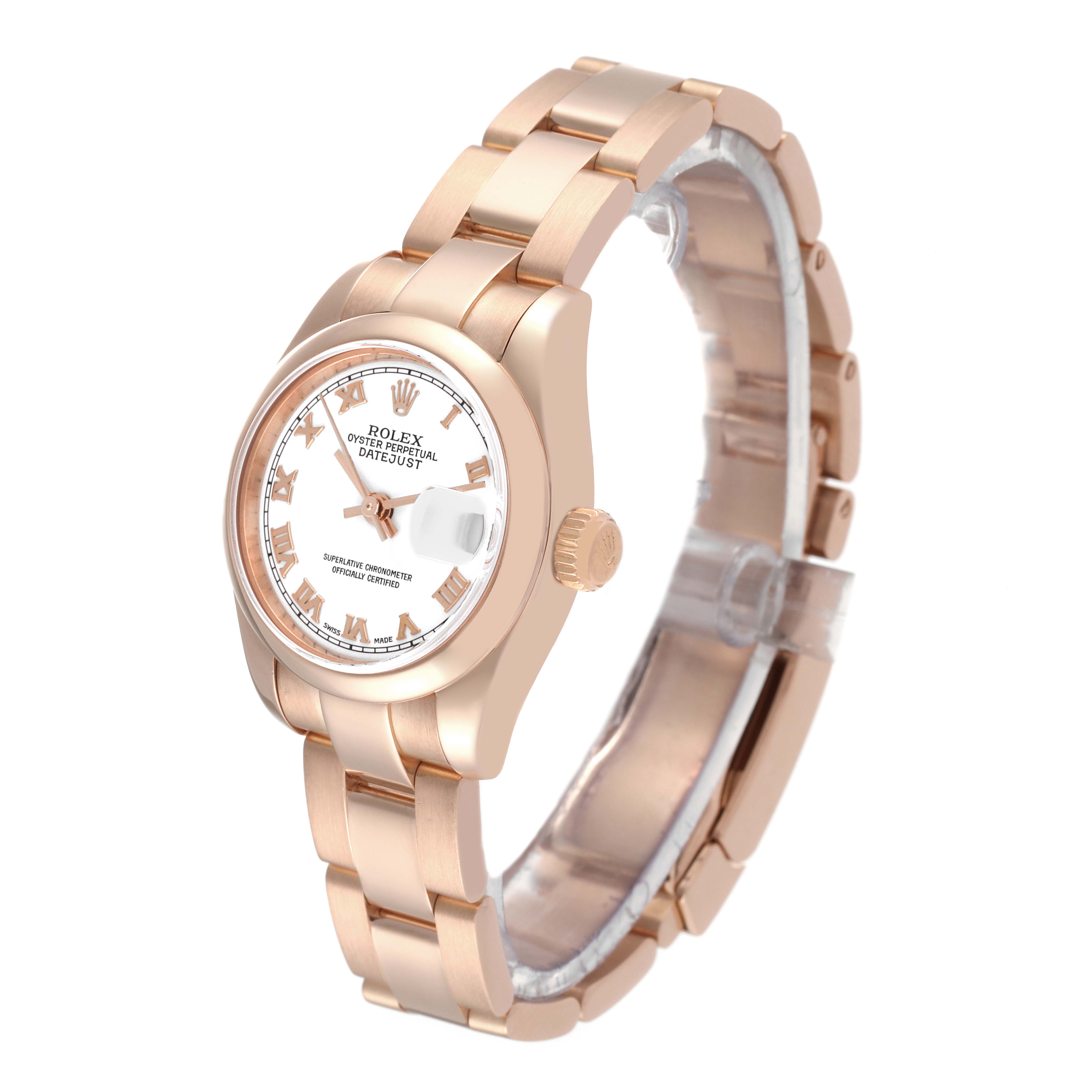 This image shows a side angle of a Rolex President 179165 Women's Rose Gold White Dial 179165 Women's Rose Gold White Dial model watch, highlighting its bracelet, dial, and crown.