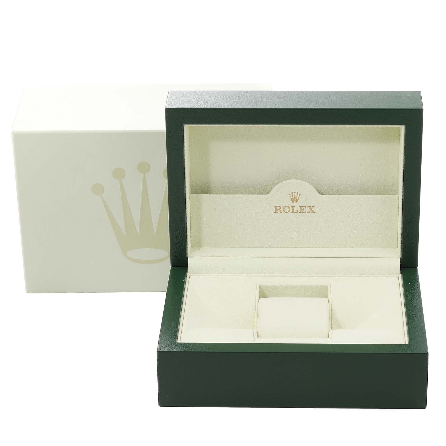 The image shows an open Rolex box for the President model, with the inner cushion and outer green box visible.