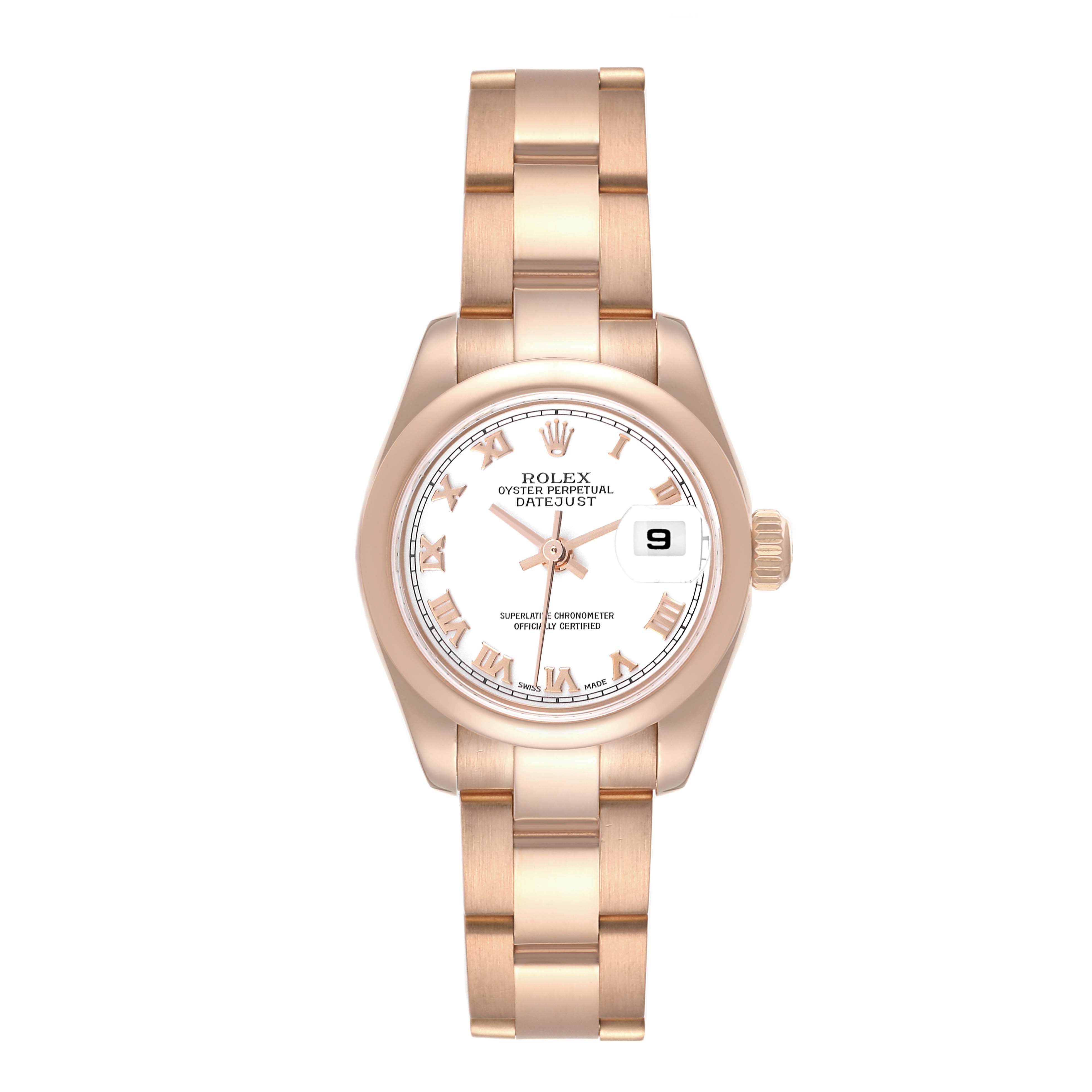 This image shows a frontal view of a Rolex President 179165 Women's Rose Gold White Dial 179165 Women's Rose Gold White Dial model watch featuring its face, bezel, and bracelet.