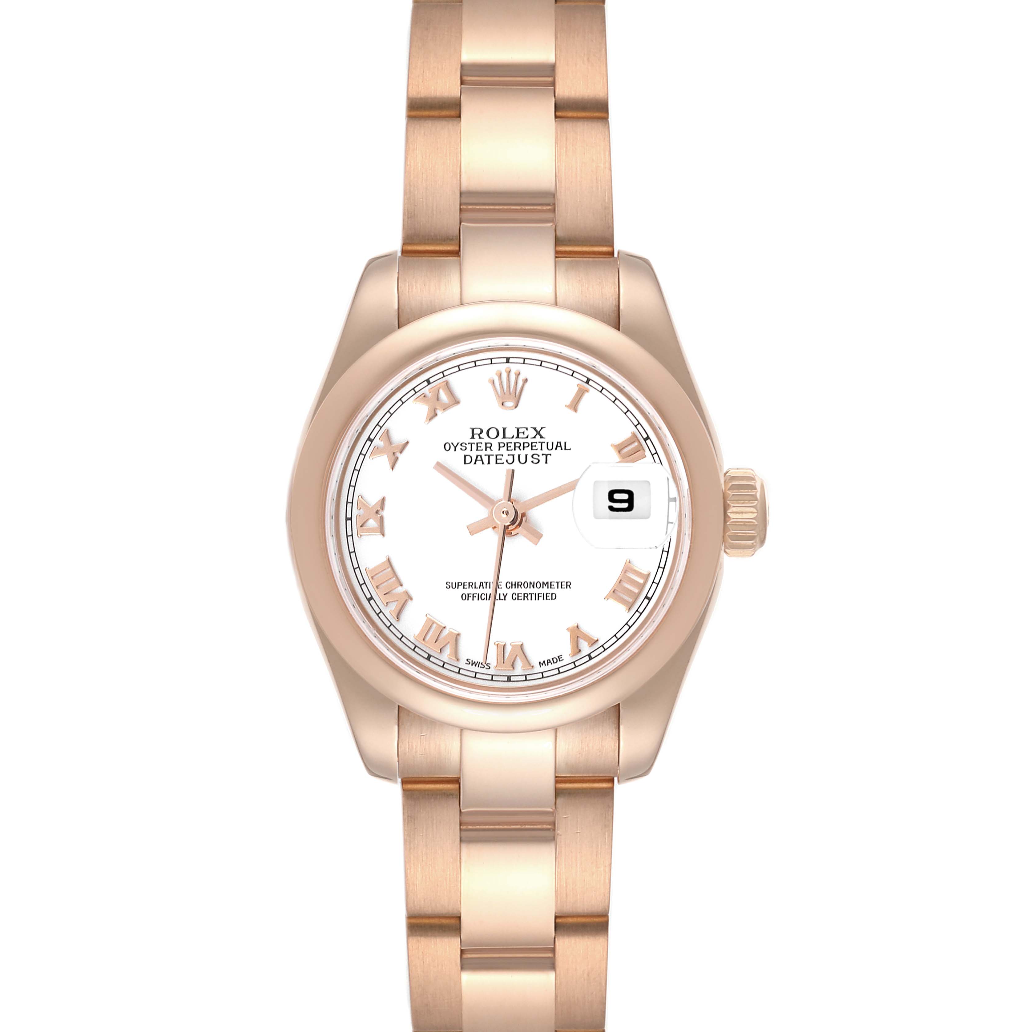 This image shows a front view of the Rolex President 179165 Women's Rose Gold White Dial 179165 Women's Rose Gold White Dial model watch, highlighting its face, bracelet, and date display.