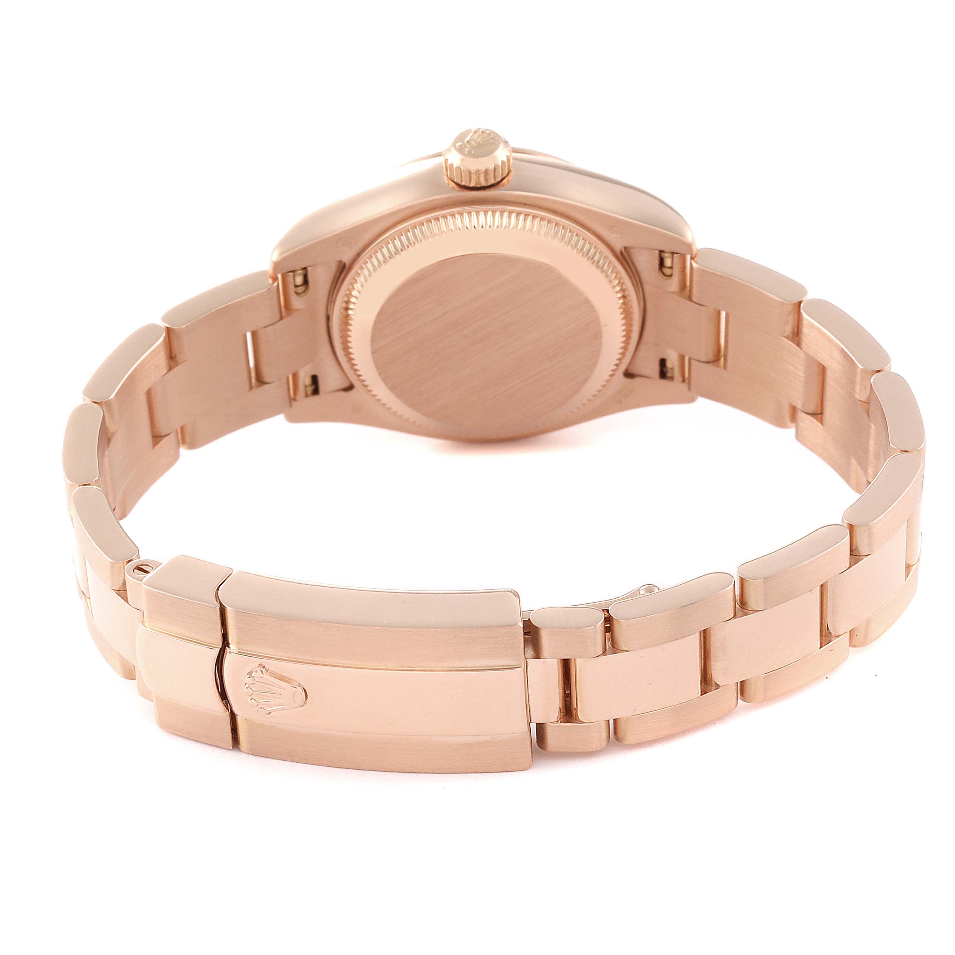 This image shows the back view of a Rolex President 179165 Women's Rose Gold White Dial 179165 Women's Rose Gold White Dial model watch, including the case back and part of the bracelet with the clasp.