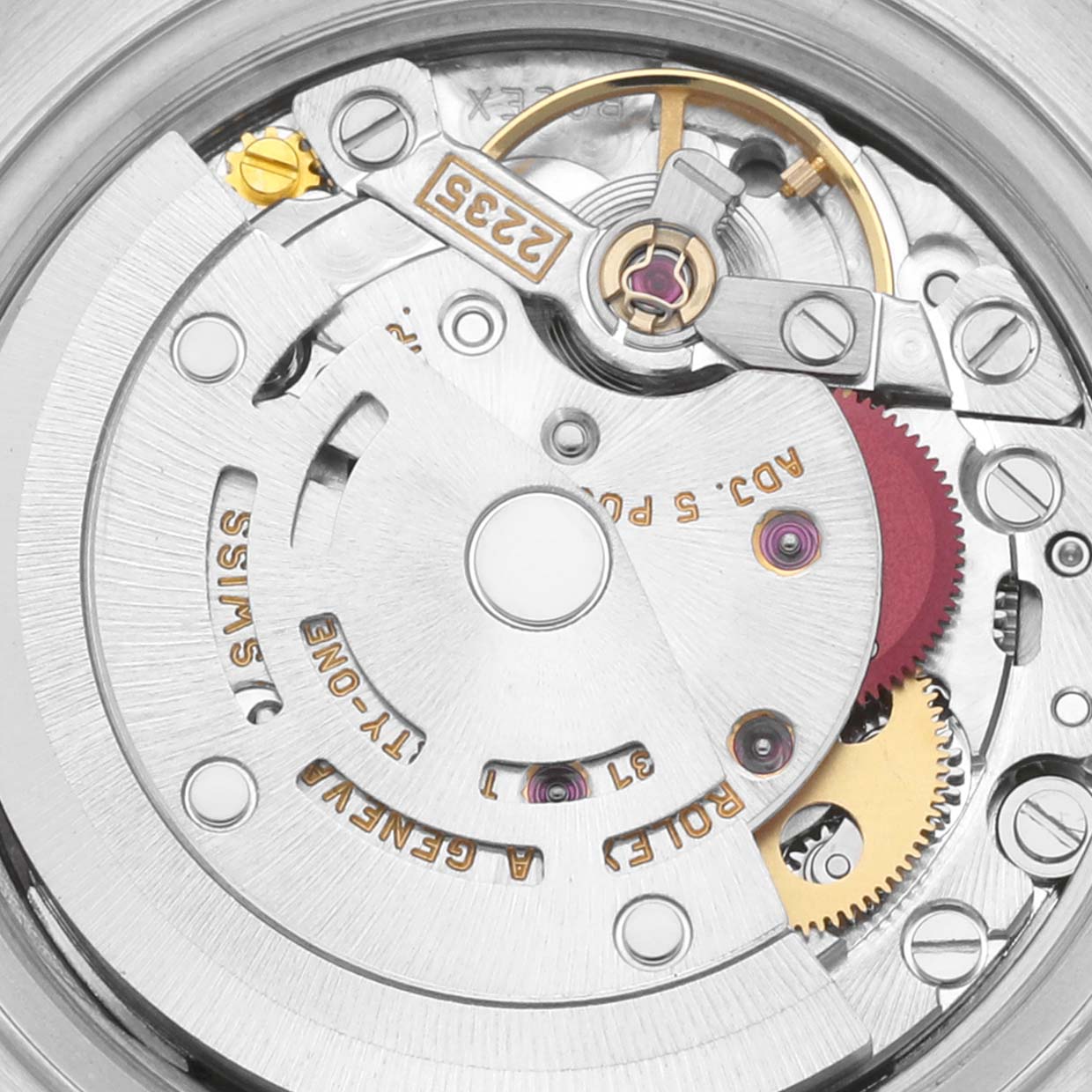 The image shows the internal movement mechanism of a Rolex Datejust 79174 Women's Stainless Steel Pink Dial 79174 Women's Stainless Steel Pink Dial watch from a close-up, top-down angle.
